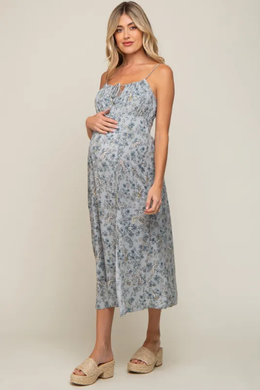 Light Blue Paisley Front Tie Maternity Midi Dress sold by Pinkblush
