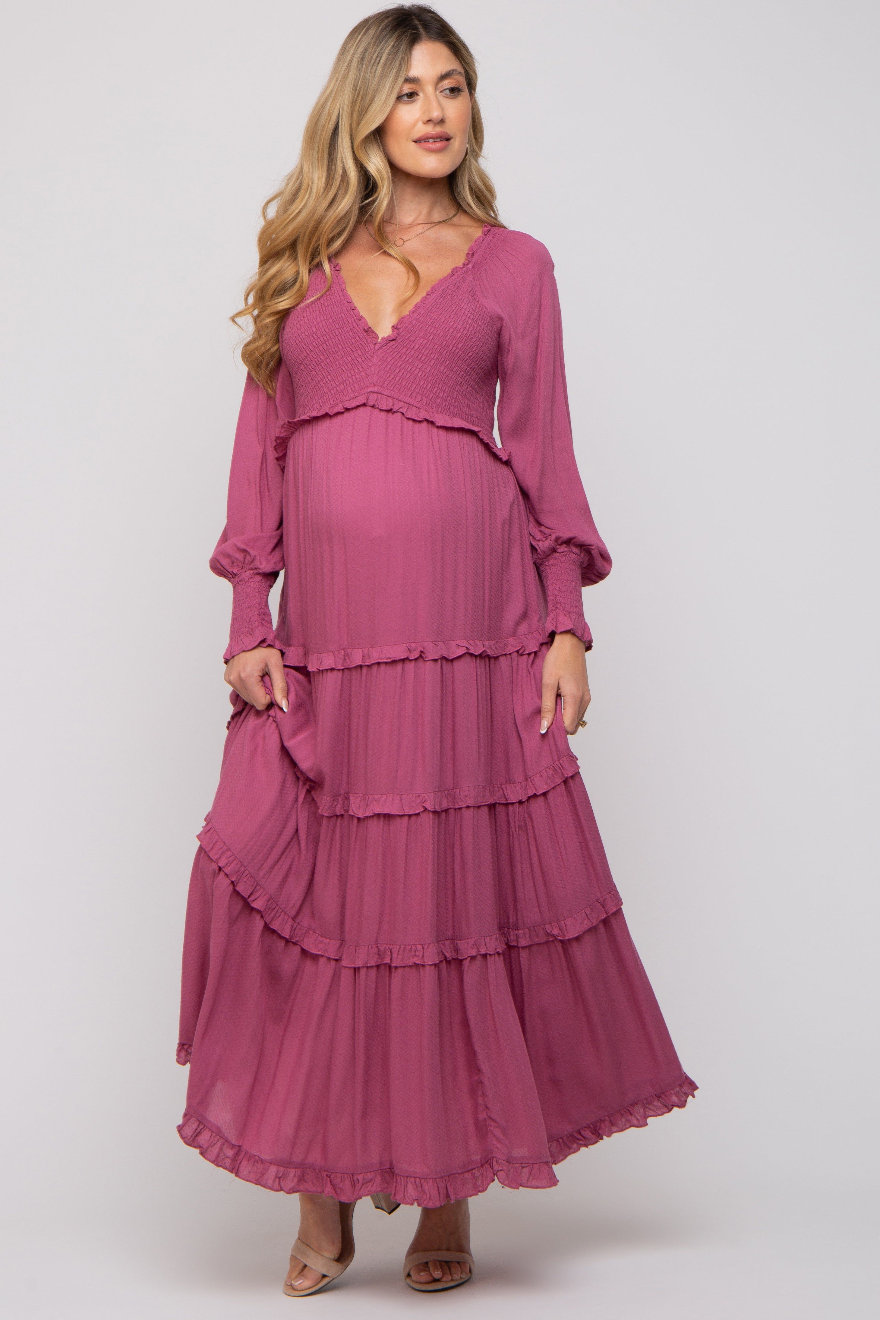 Magenta Smocked Ruffle Tiered Maternity Maxi Dress sold by Pinkblush product image thumbnail 4