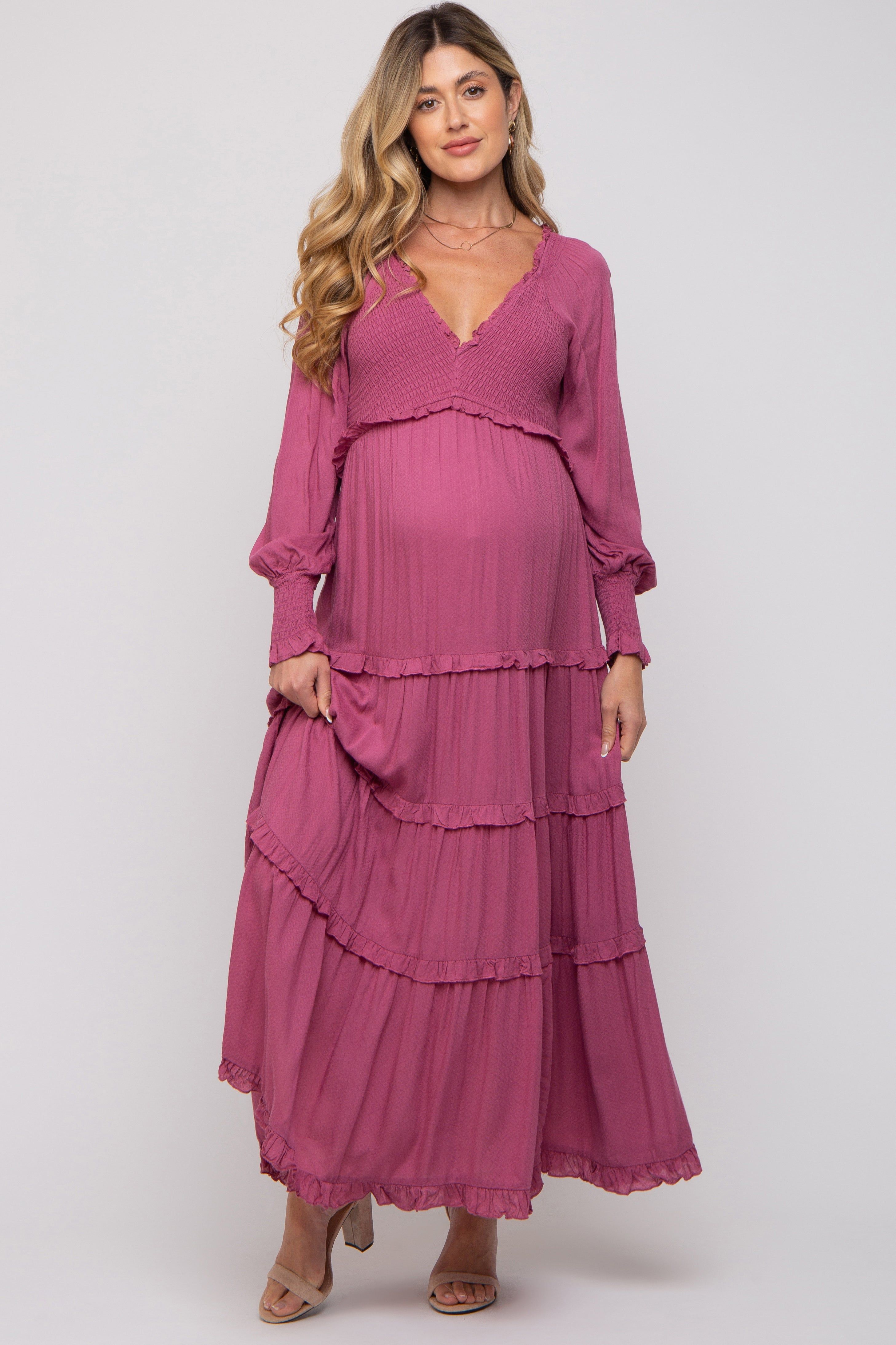 Magenta Smocked Ruffle Tiered Maternity Maxi Dress sold by Pinkblush