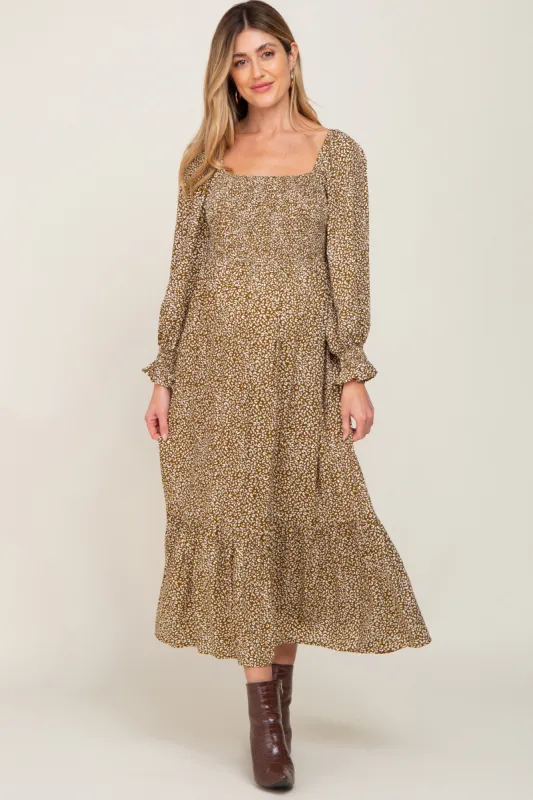 Mocha Leopard Print Square Neck Smocked Maternity Midi Dress sold by Pinkblush