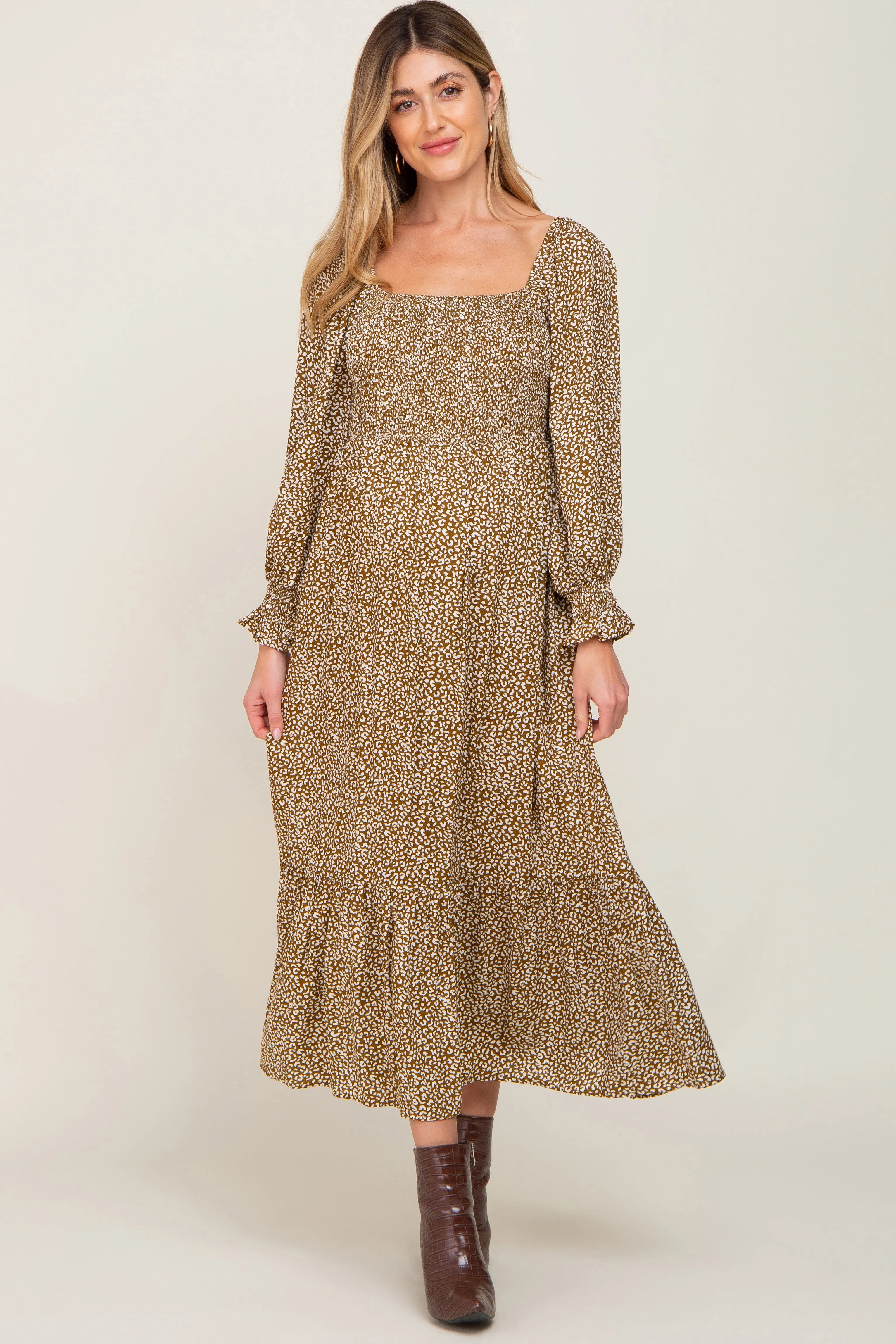 Mocha Leopard Print Square Neck Smocked Maternity Midi Dress sold by Pinkblush