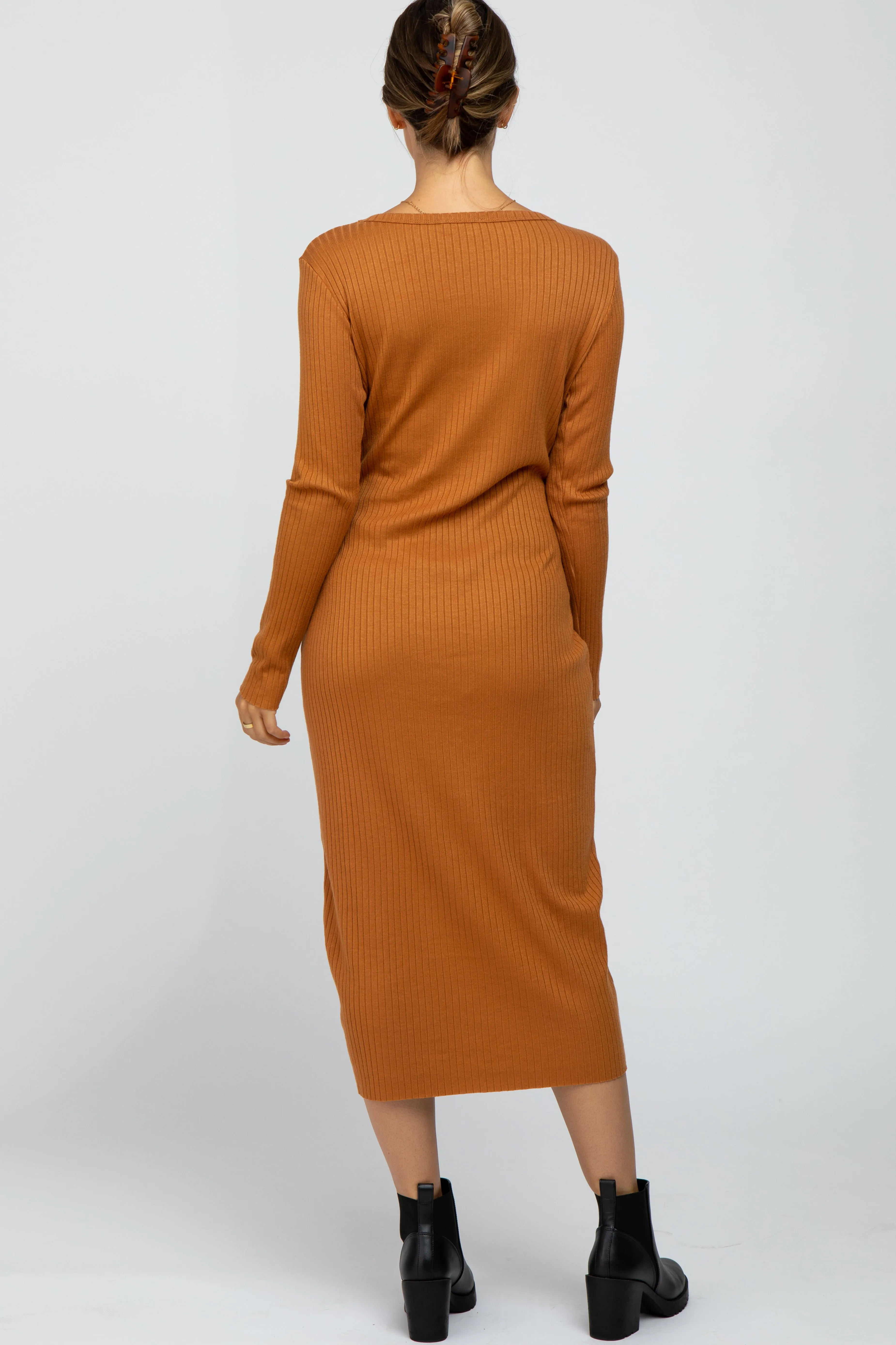Rust Ribbed Button Front Midi Cardigan Maternity Dress sold by Pinkblush product image thumbnail 3