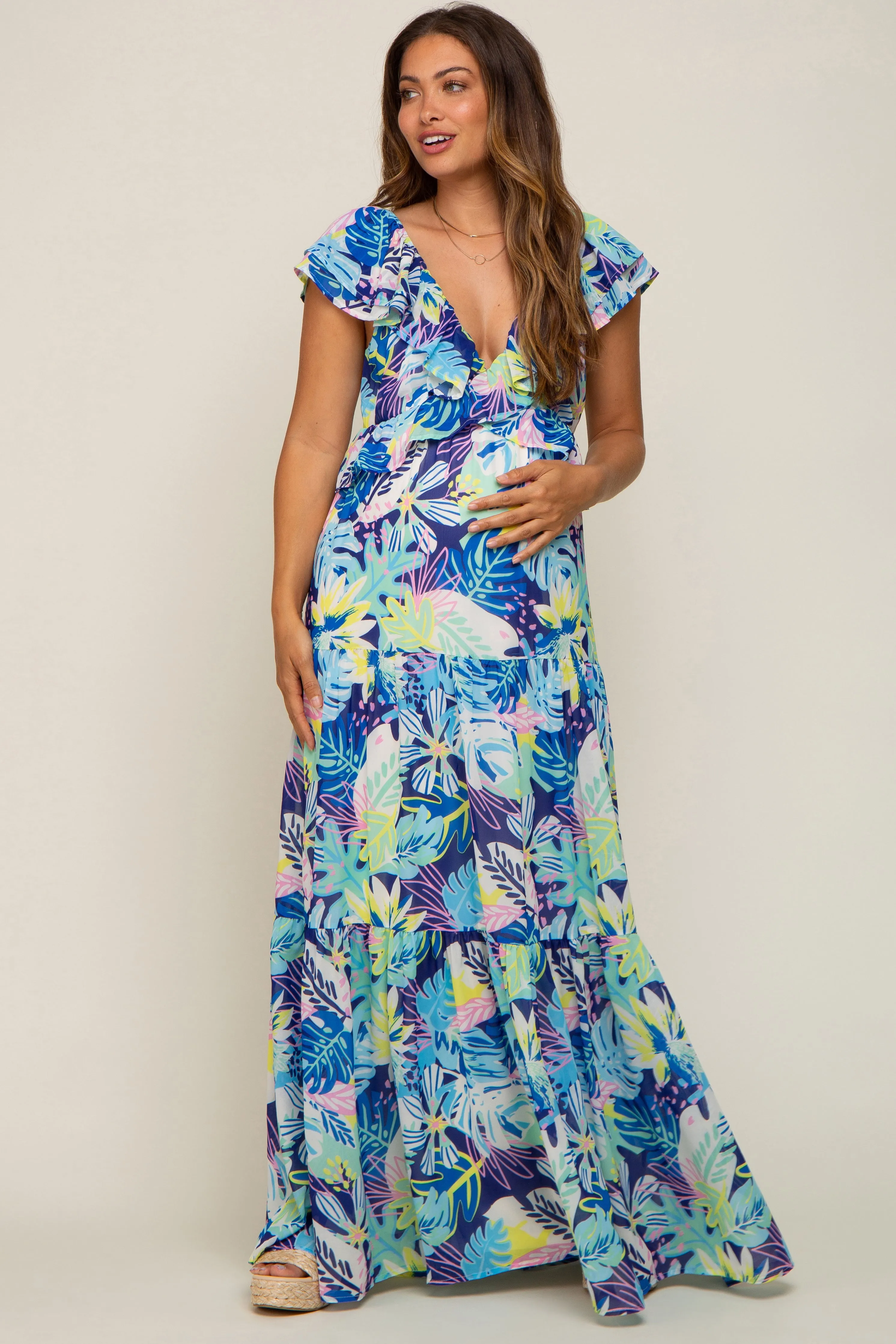 Blue Floral Ruffle Accent Maternity Maxi Dress sold by Pinkblush product image thumbnail 2