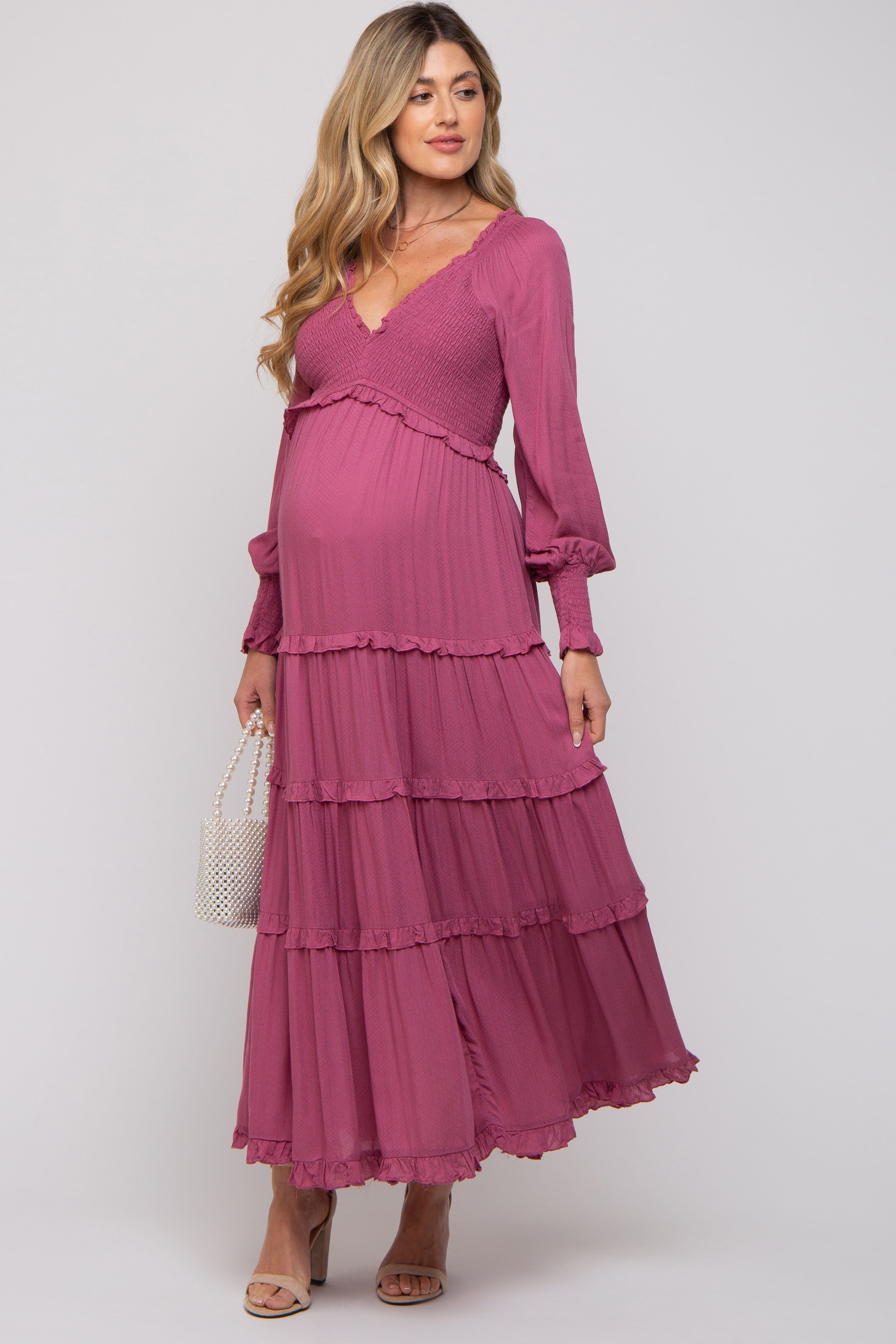 Magenta Smocked Ruffle Tiered Maternity Maxi Dress sold by Pinkblush product image thumbnail 5