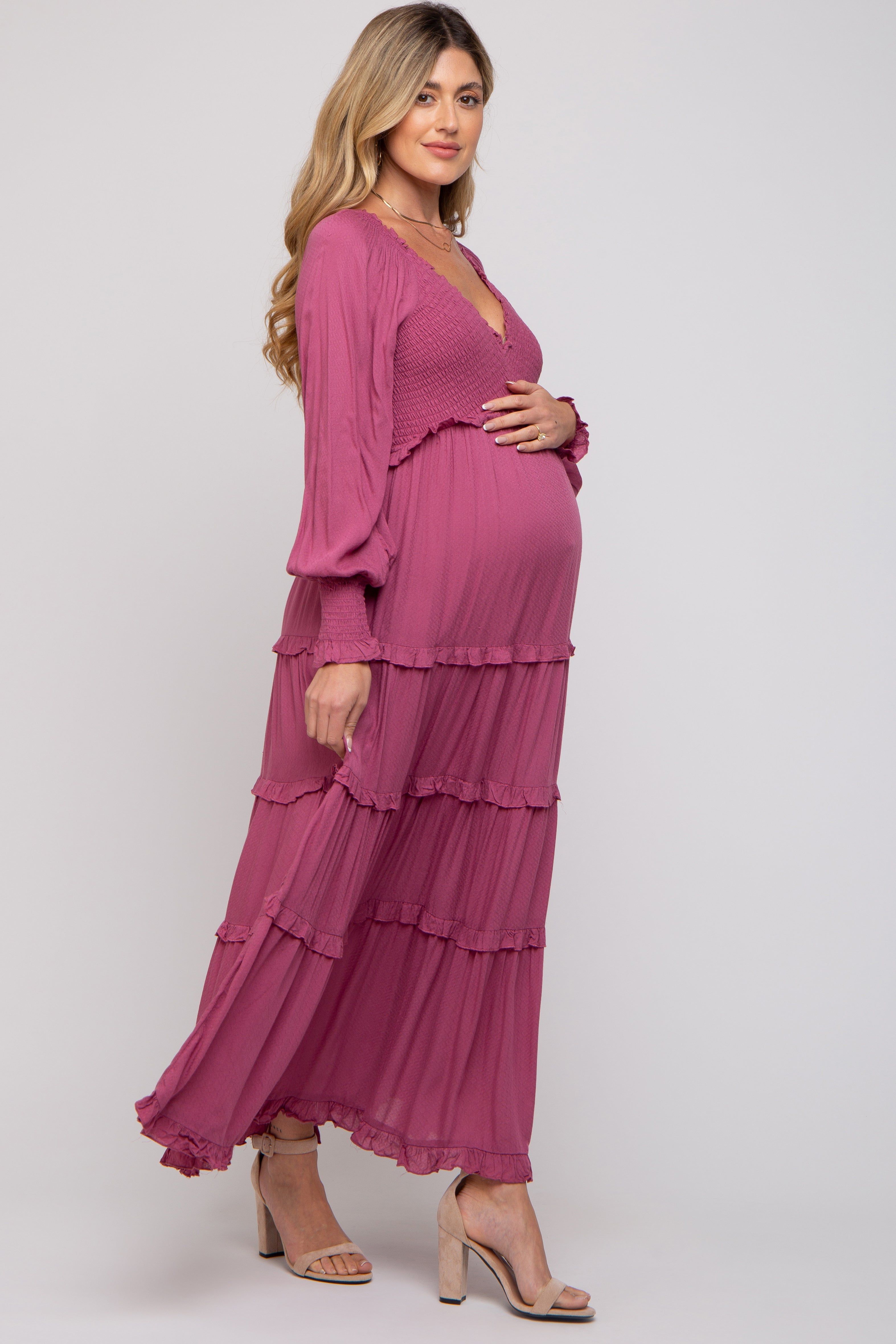 Magenta Smocked Ruffle Tiered Maternity Maxi Dress sold by Pinkblush product image thumbnail 2