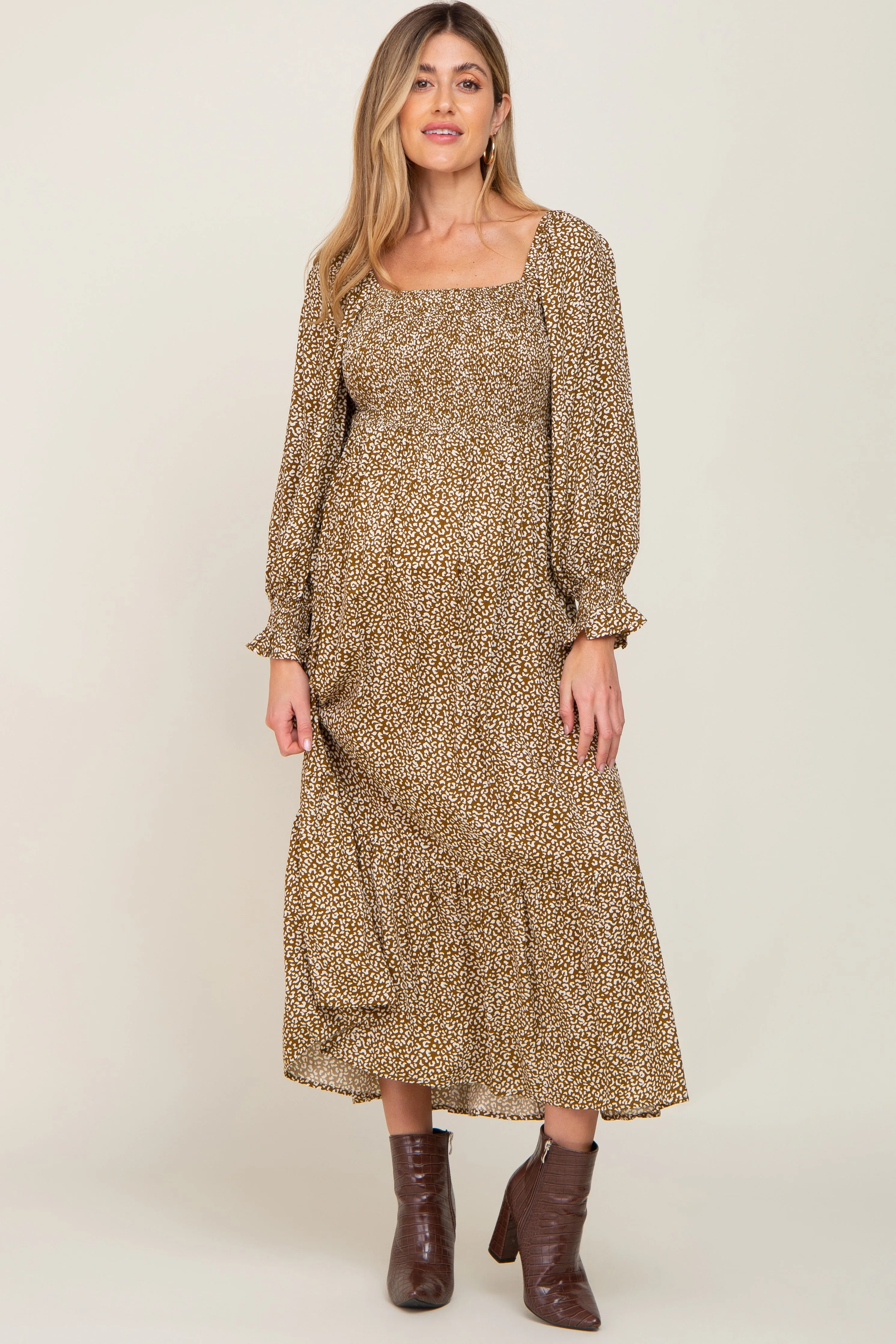 Mocha Leopard Print Square Neck Smocked Maternity Midi Dress sold by Pinkblush product image thumbnail 5