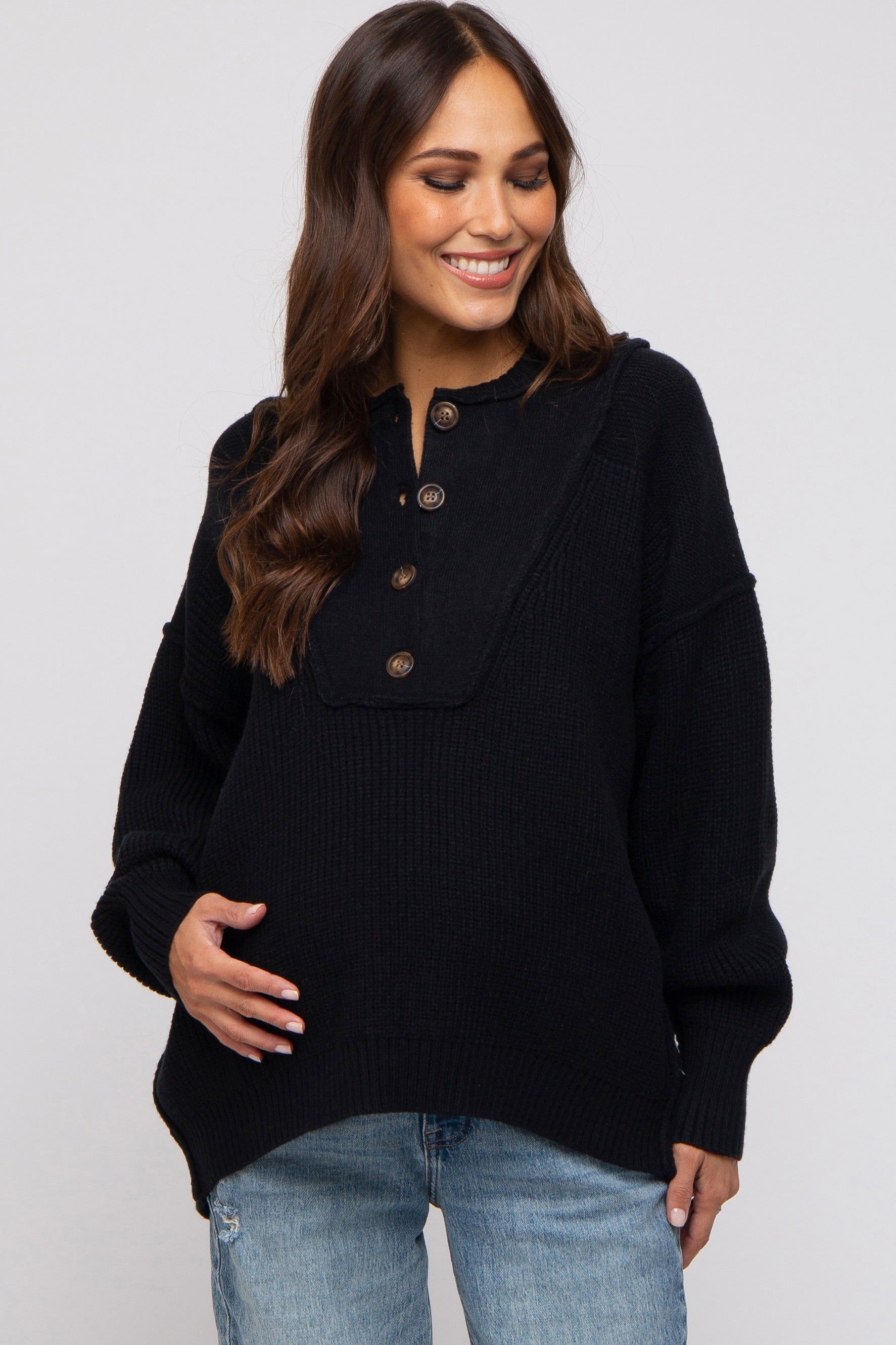 Black Half Button Up Maternity Sweater sold by Pinkblush