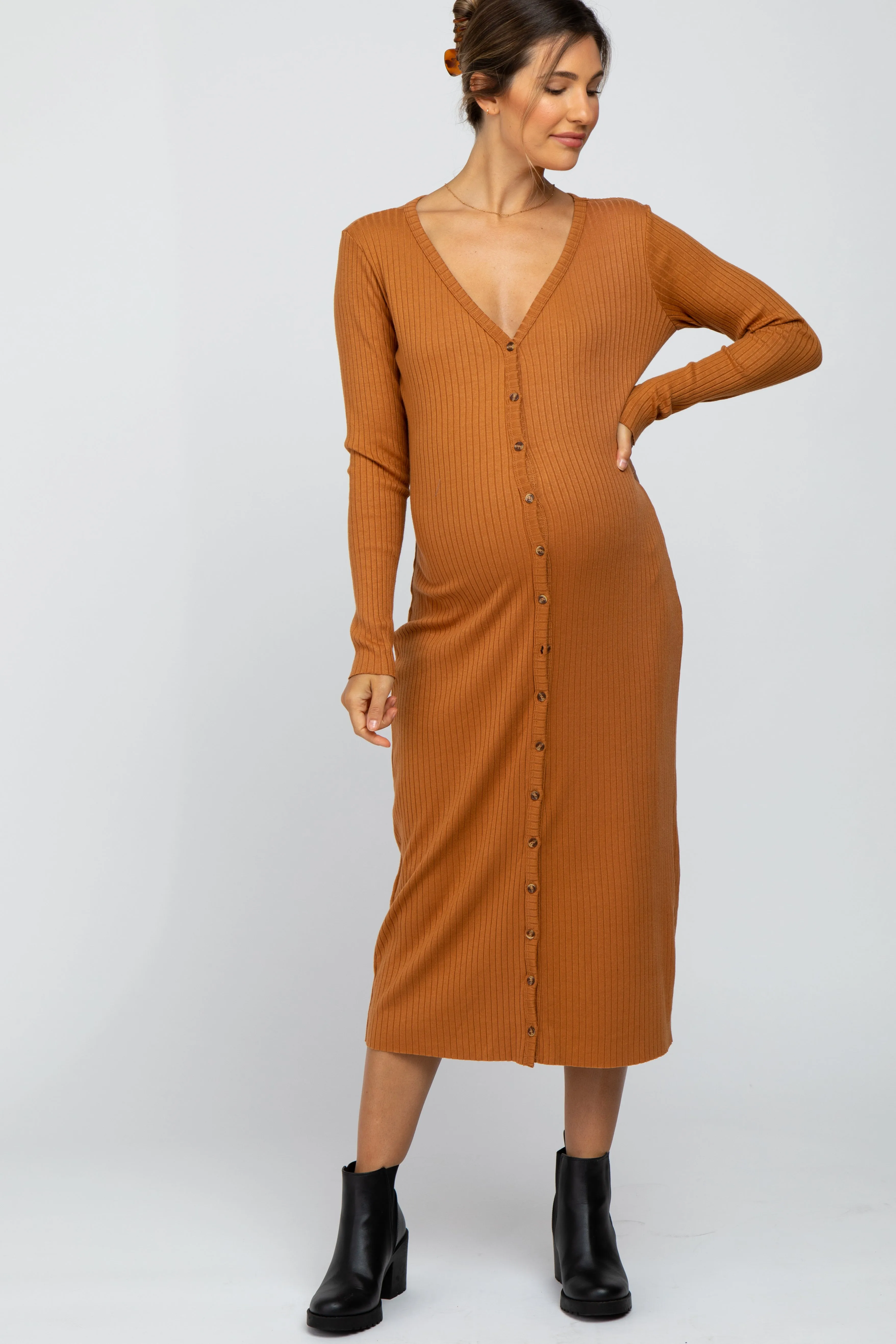 Rust Ribbed Button Front Midi Cardigan Maternity Dress sold by Pinkblush product image thumbnail 4