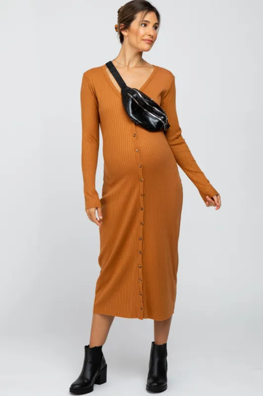 Rust Ribbed Button Front Midi Cardigan Maternity Dress sold by Pinkblush