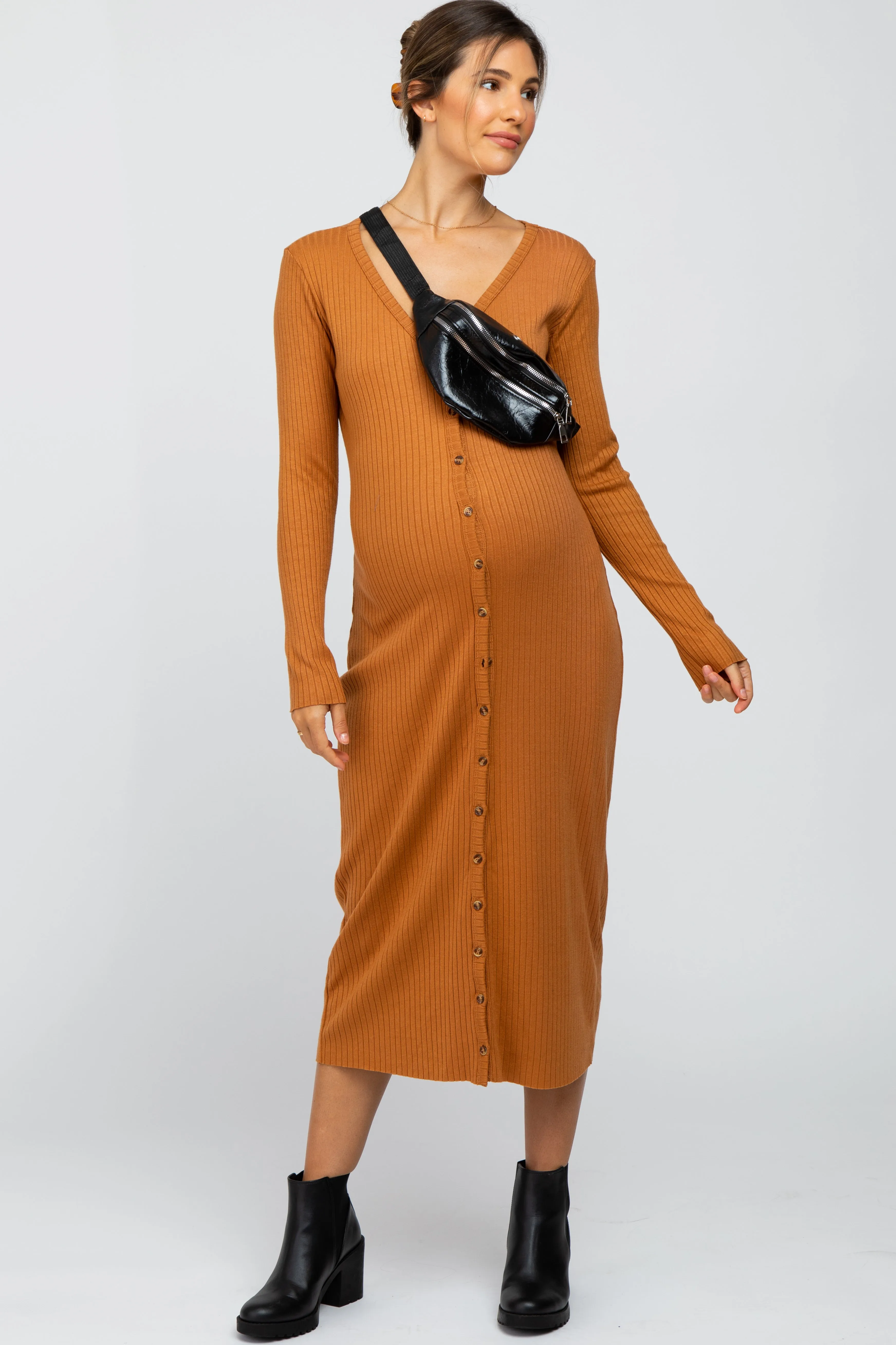 Rust Ribbed Button Front Midi Cardigan Maternity Dress sold by Pinkblush
