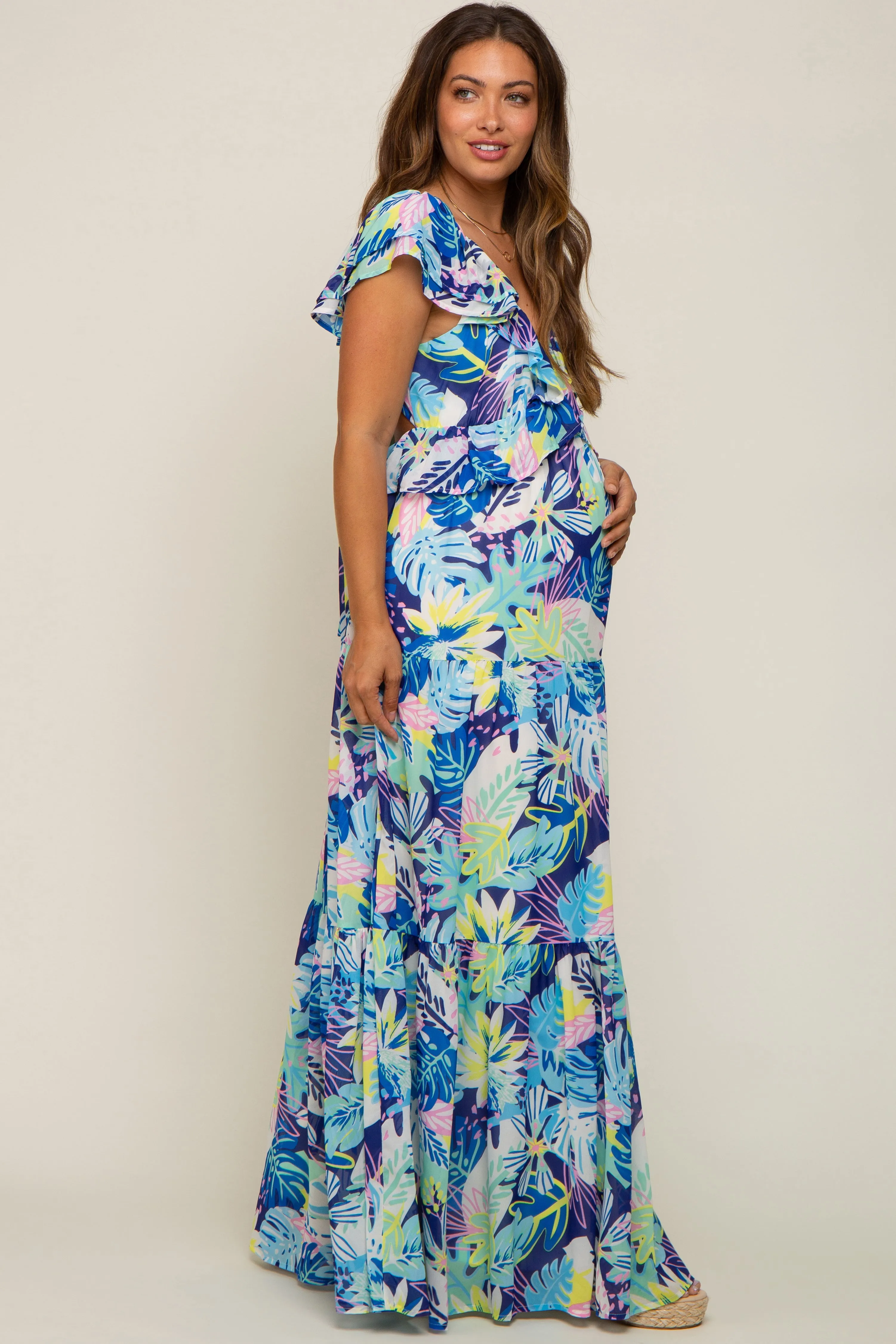 Blue Floral Ruffle Accent Maternity Maxi Dress sold by Pinkblush product image thumbnail 3