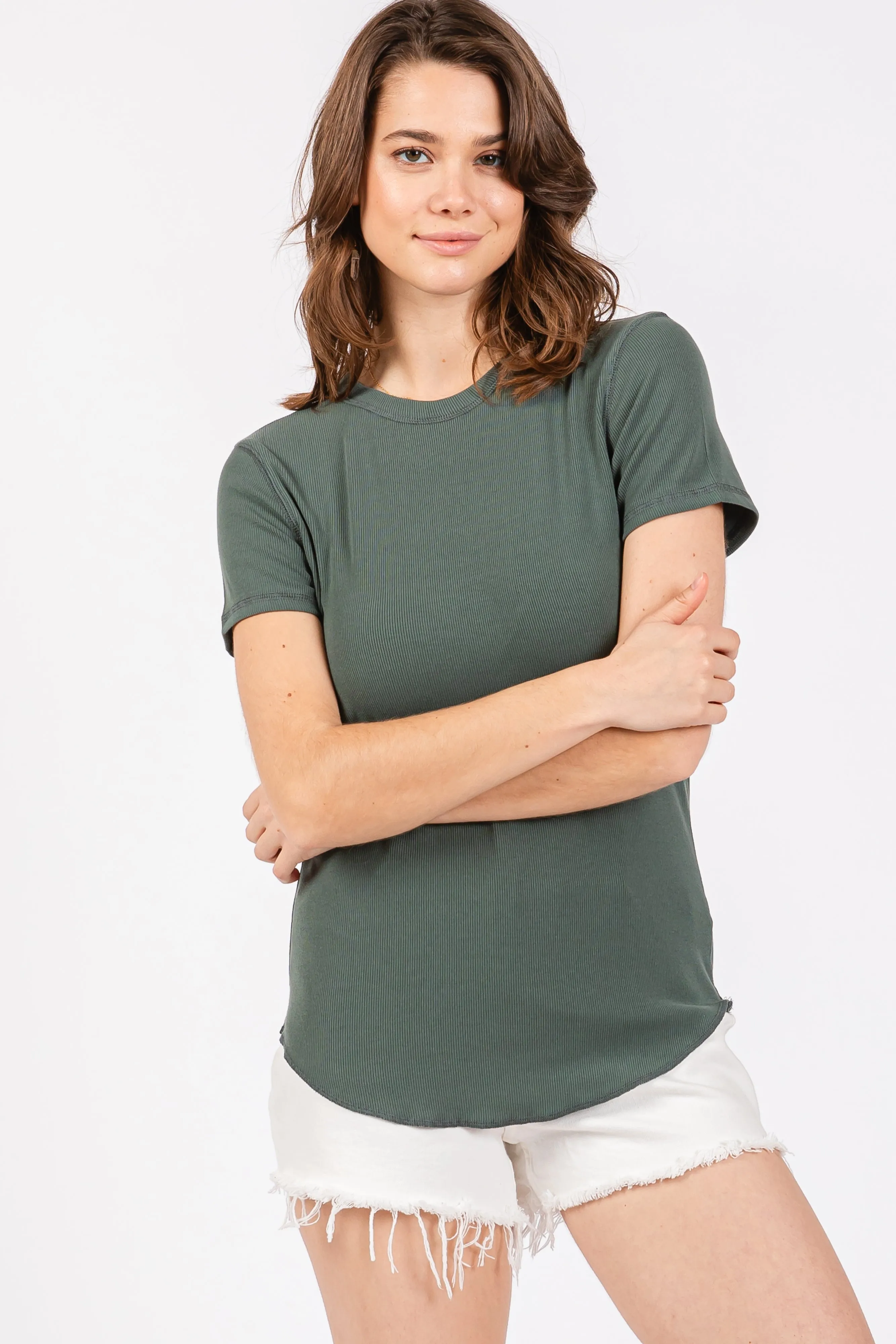 Olive Ribbed Short Sleeve Curved Hem Top sold by Pinkblush