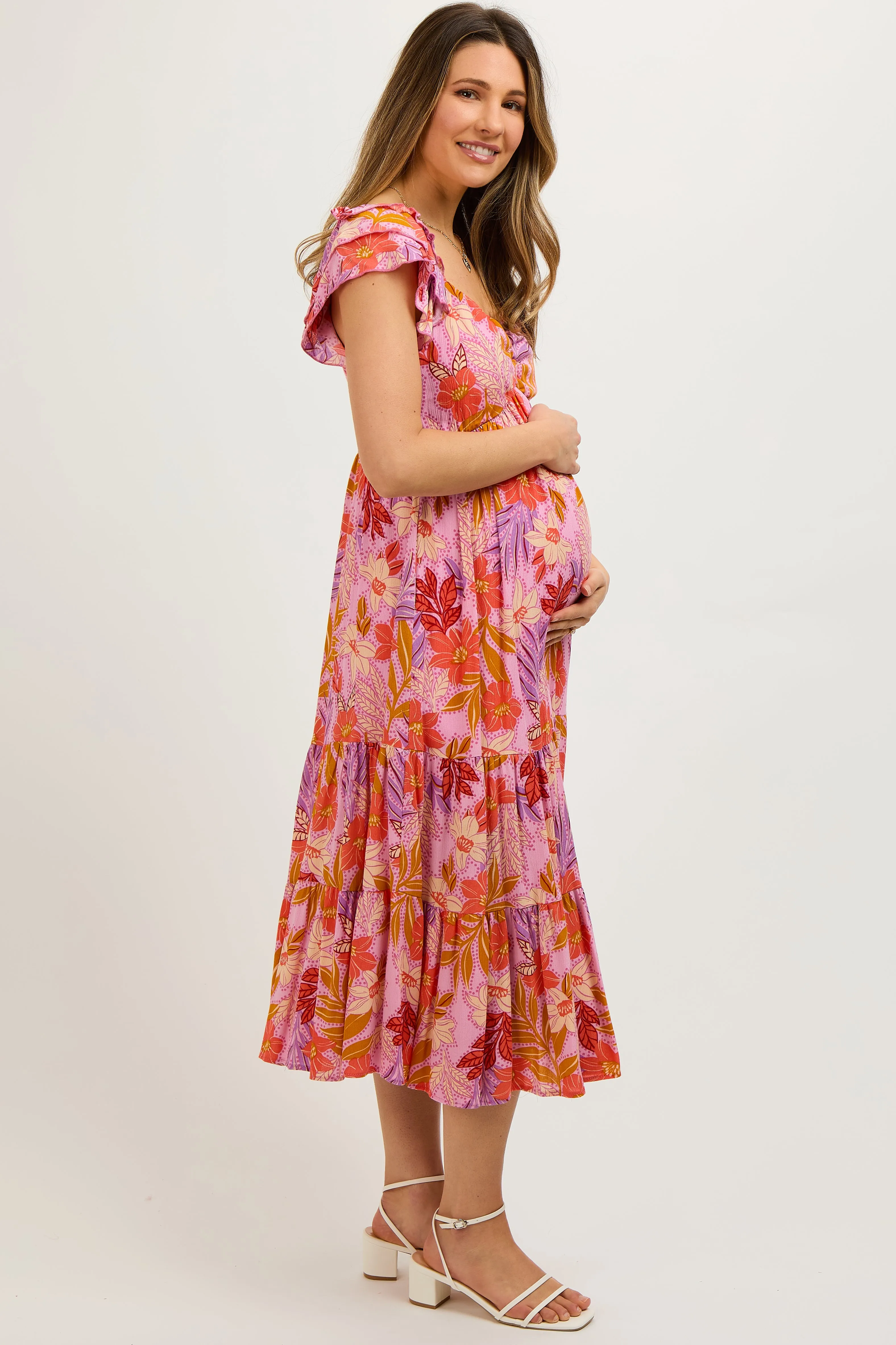 Orange Floral Sweetheart Neck Ruffle Shoulder Maternity Midi Dress sold by Pinkblush product image thumbnail 3