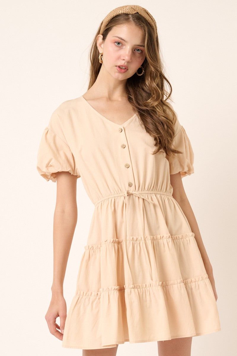 Beige Puff Sleeve Detail Mini Dress sold by Pinkblush