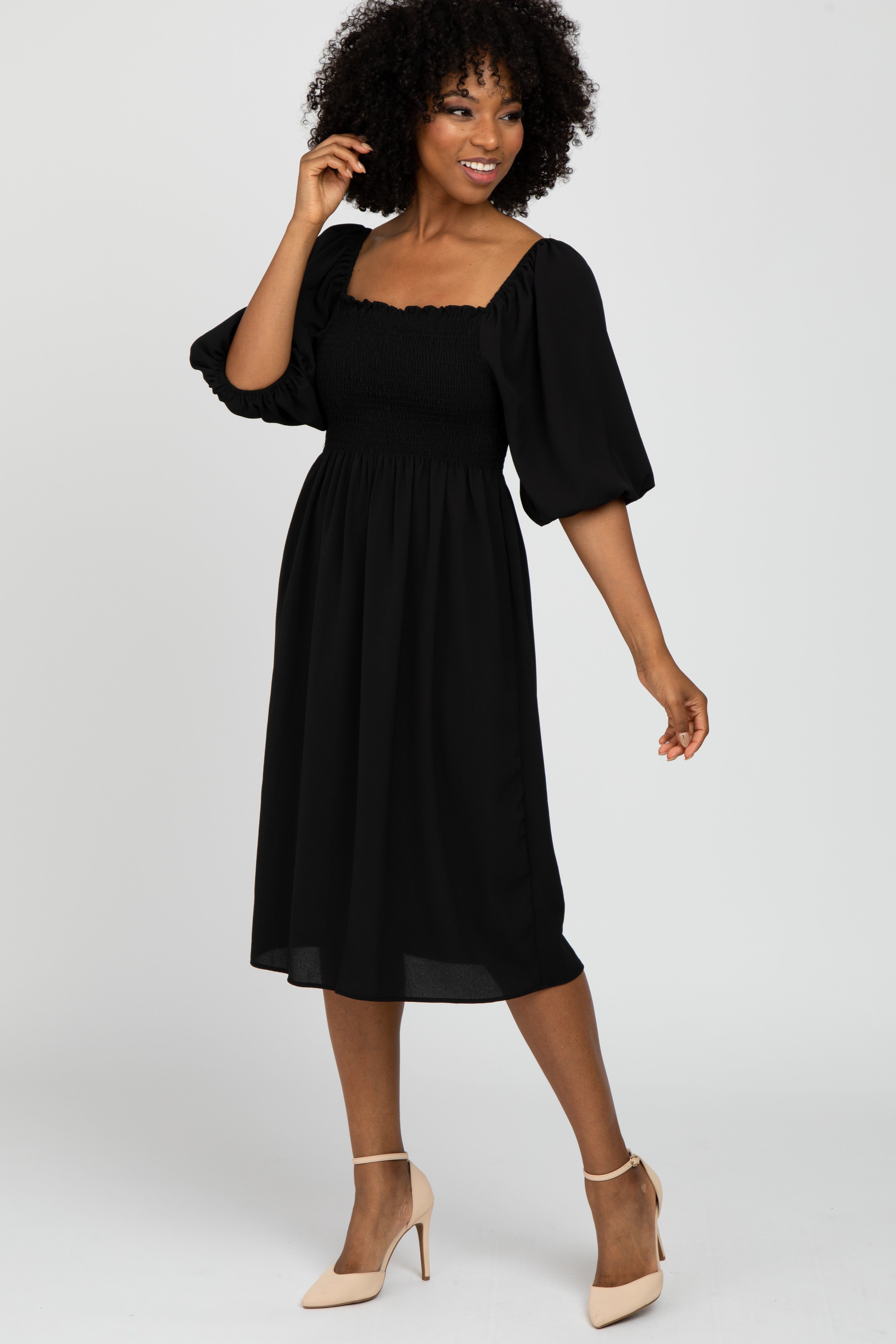 Black Square Neck Smocked Maternity Midi Dress sold by Pinkblush product image thumbnail 5