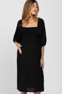 Black Square Neck Smocked Maternity Midi Dress sold by Pinkblush