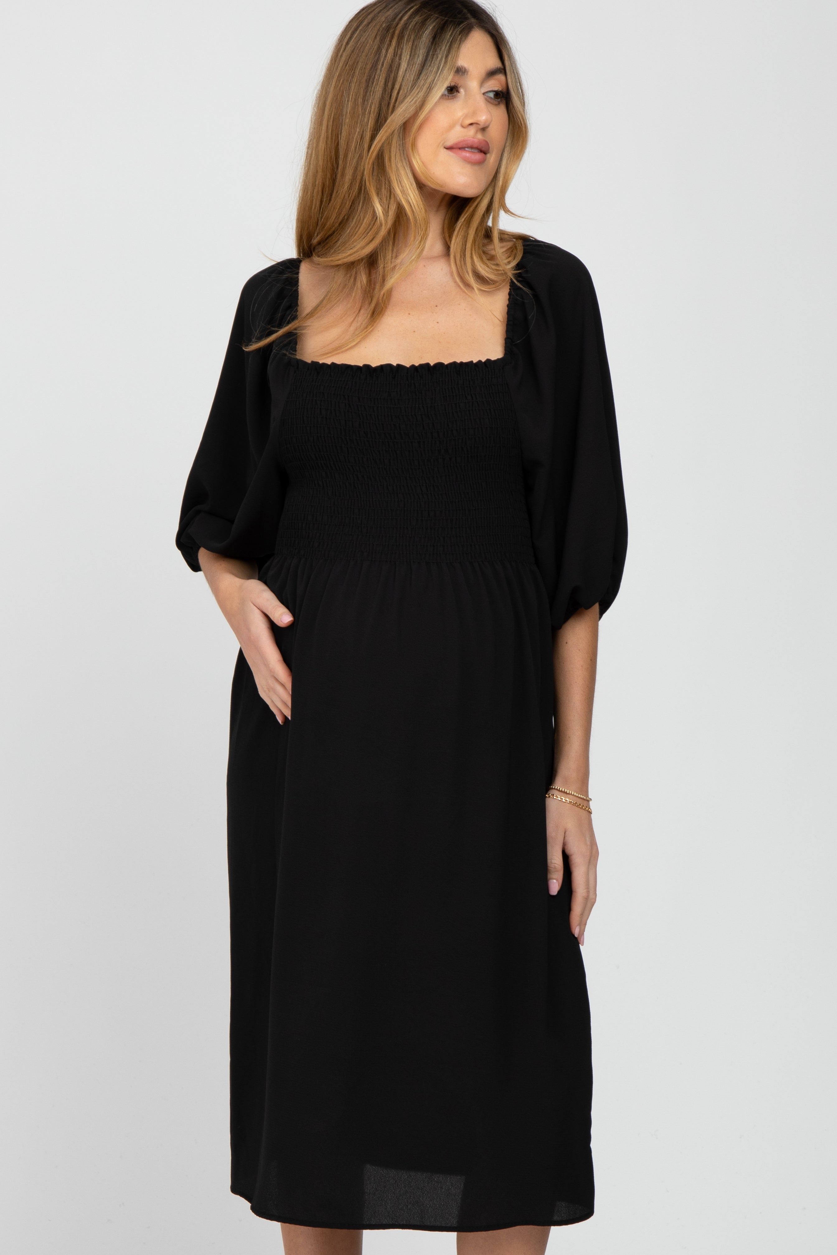 Black Square Neck Smocked Maternity Midi Dress sold by Pinkblush product image thumbnail 2