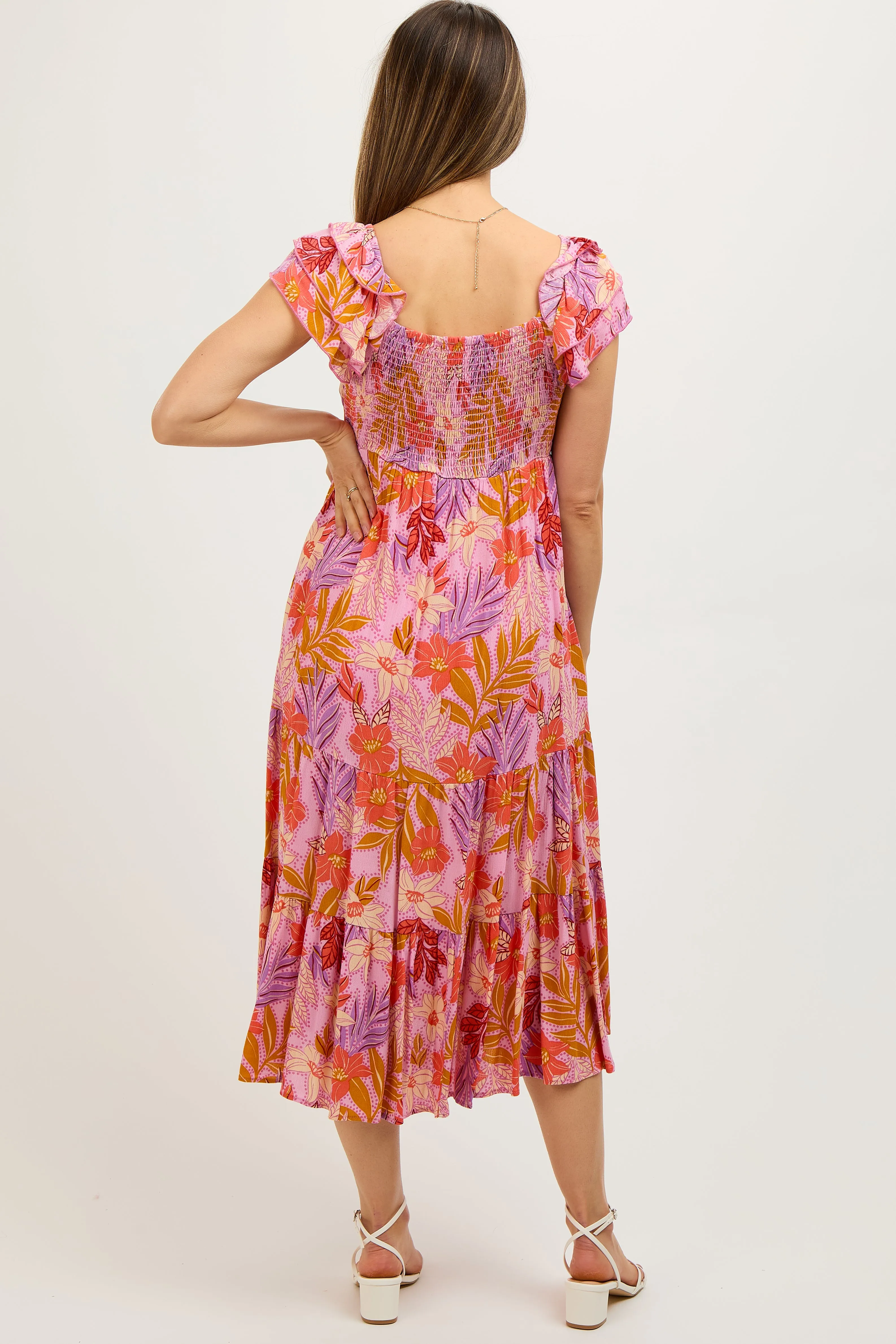 Orange Floral Sweetheart Neck Ruffle Shoulder Maternity Midi Dress sold by Pinkblush product image thumbnail 4