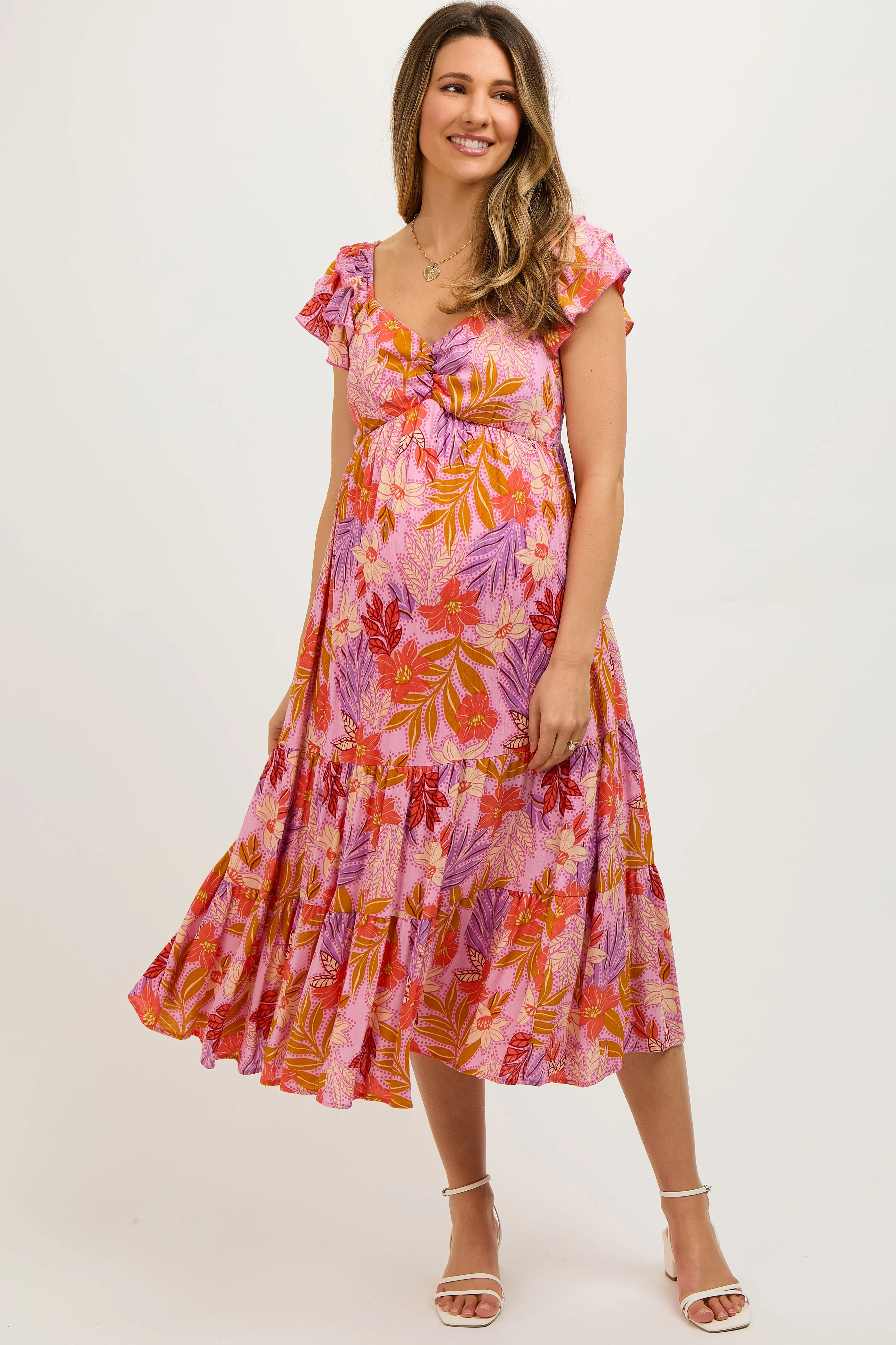 Orange Floral Sweetheart Neck Ruffle Shoulder Maternity Midi Dress sold by Pinkblush
