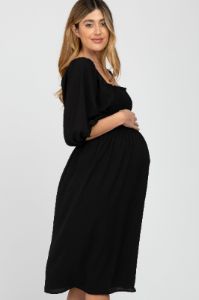 Black Square Neck Smocked Maternity Midi Dress sold by Pinkblush