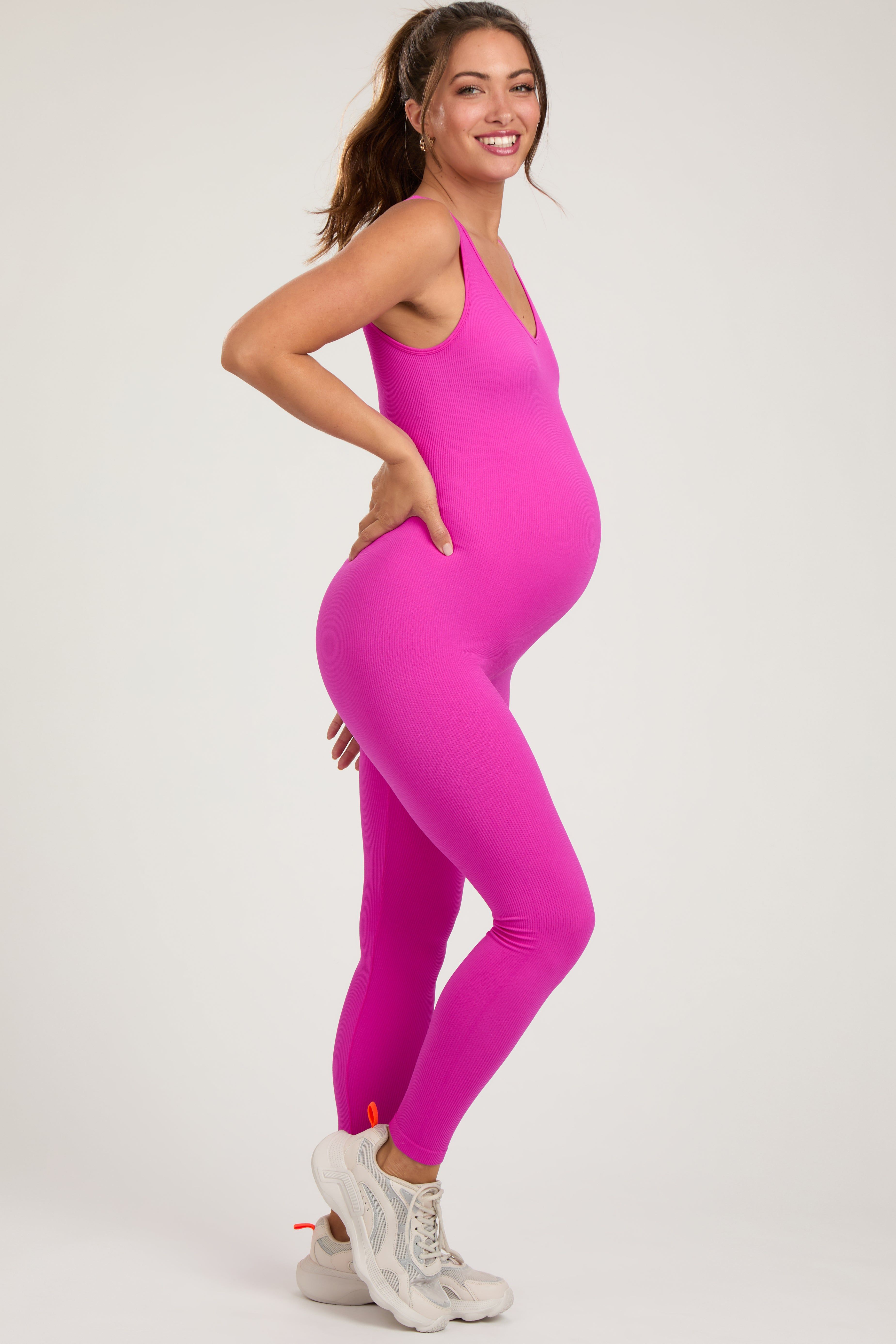 Fuchsia V-Neck Seamless Ribbed Fitted Maternity Jumpsuit sold by Pinkblush product image thumbnail 2