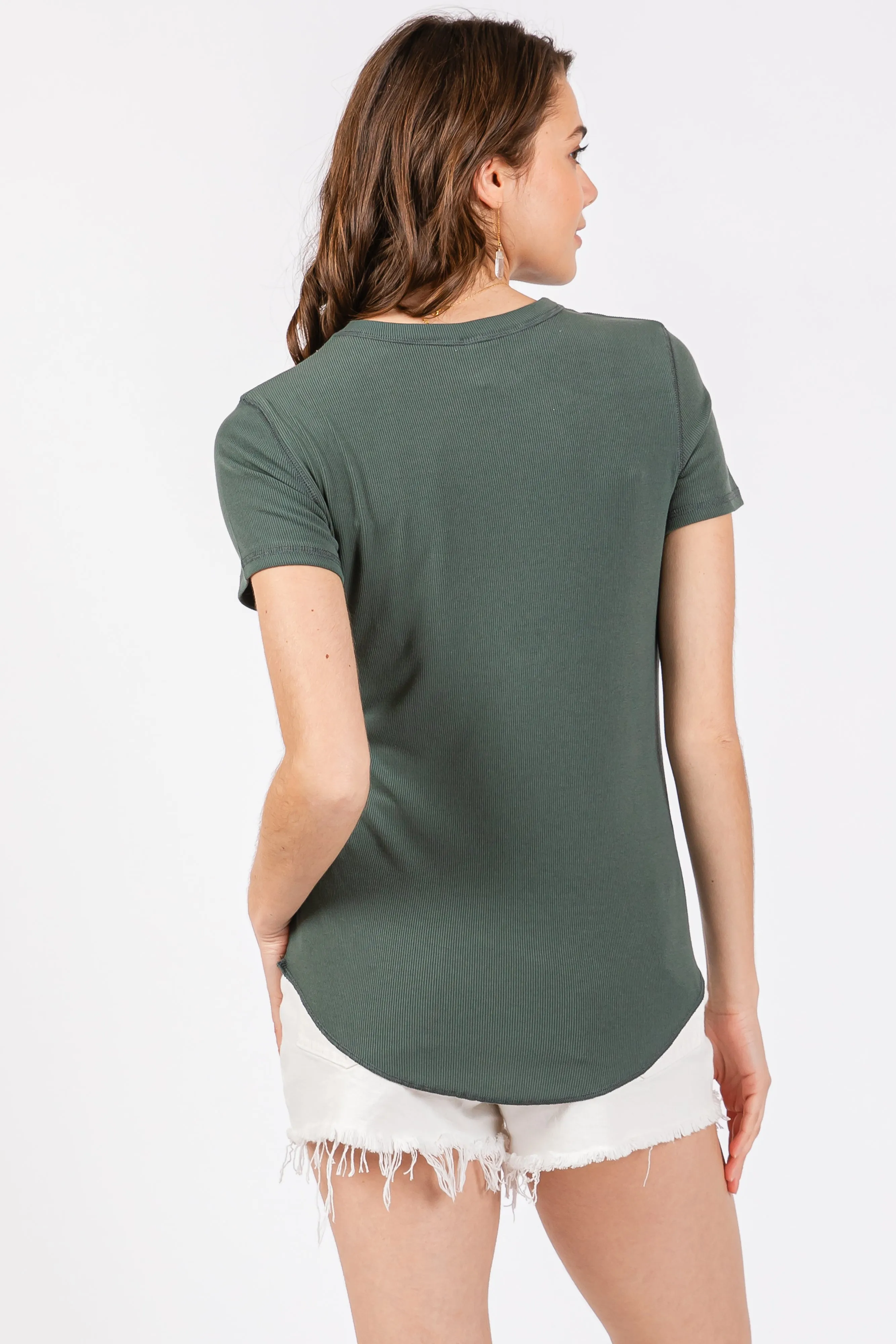 Olive Ribbed Short Sleeve Curved Hem Top sold by Pinkblush product image thumbnail 3