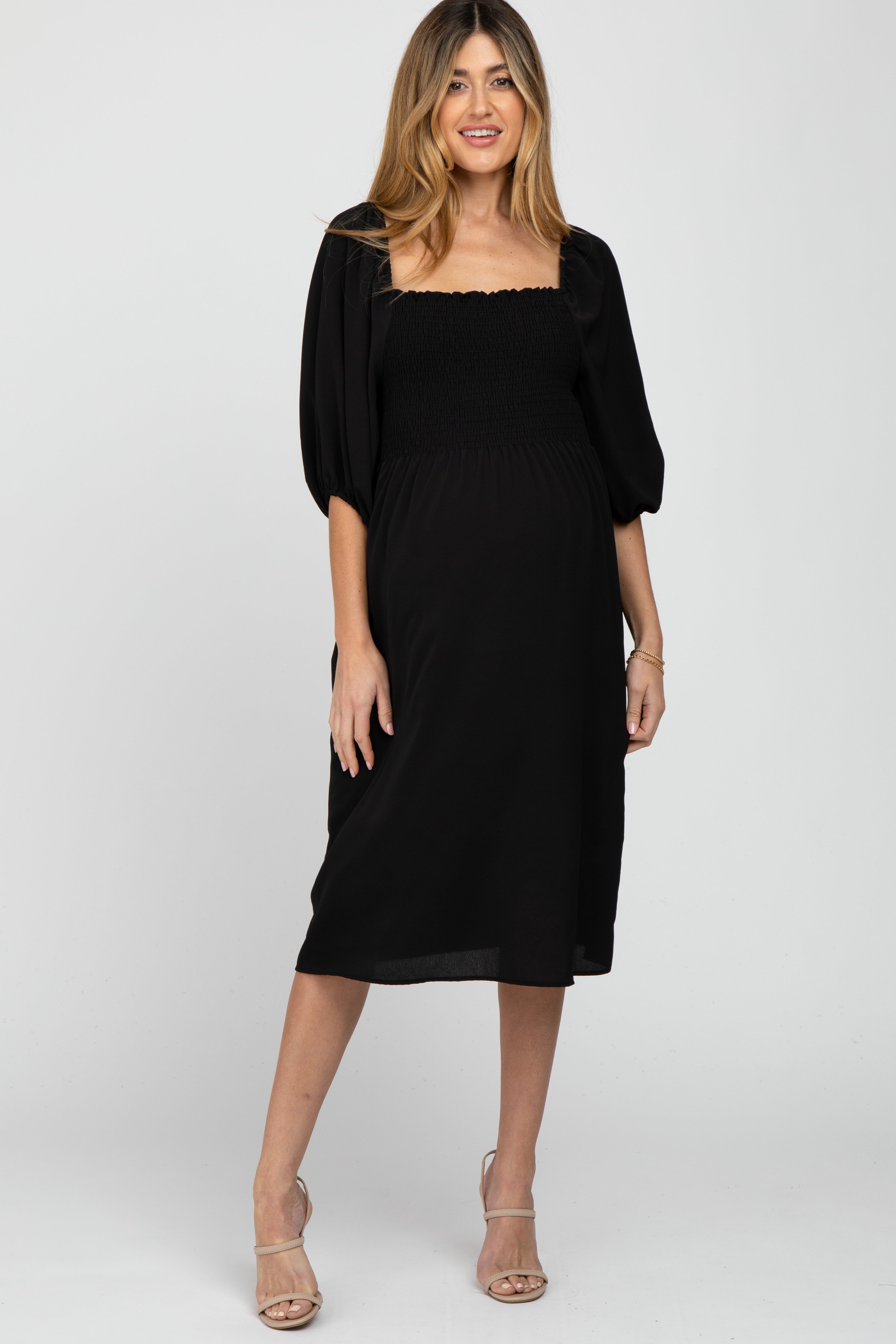 Black Square Neck Smocked Maternity Midi Dress sold by Pinkblush