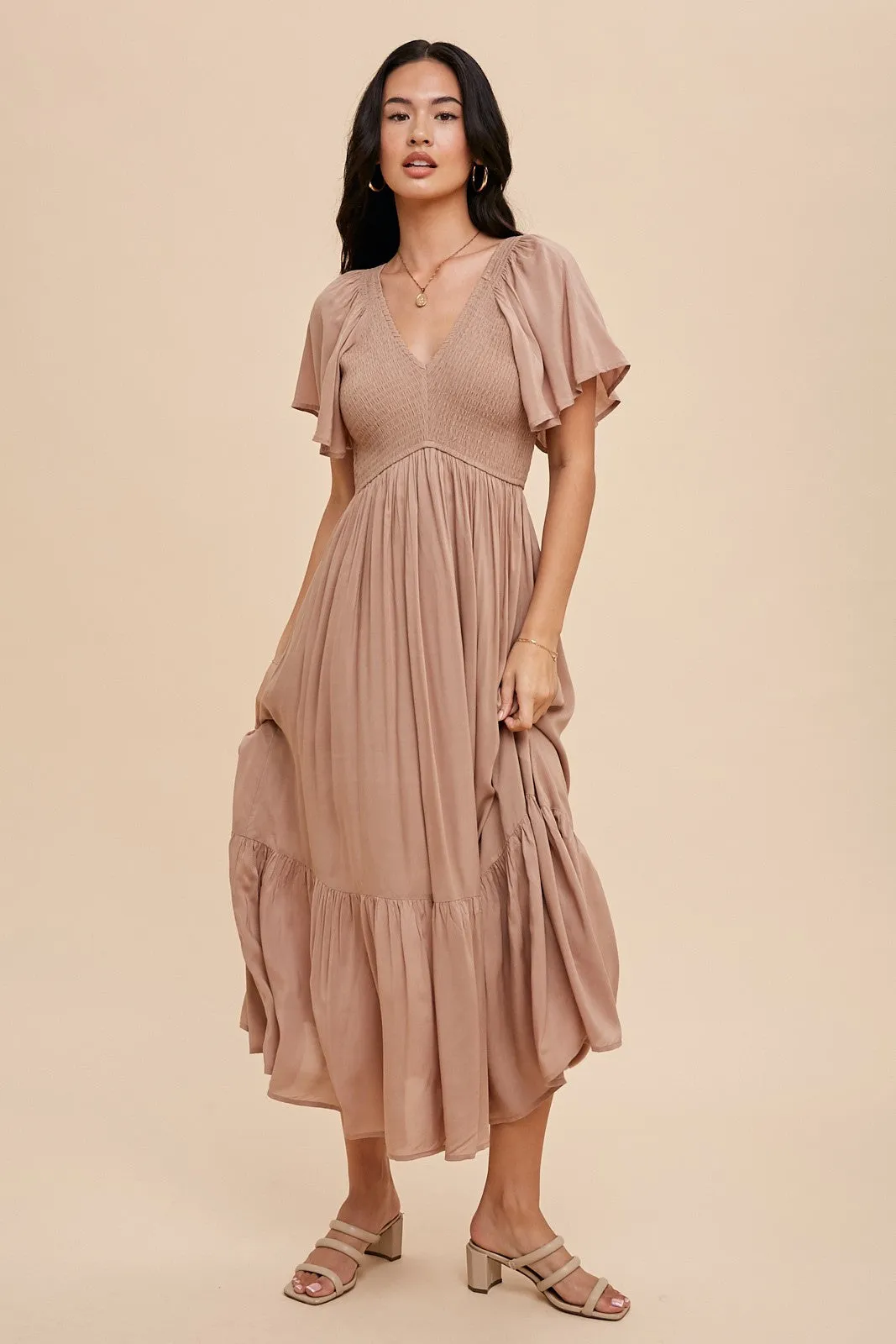 Taupe Smocked Flutter Sleeve Midi Dress sold by Pinkblush product image thumbnail 2