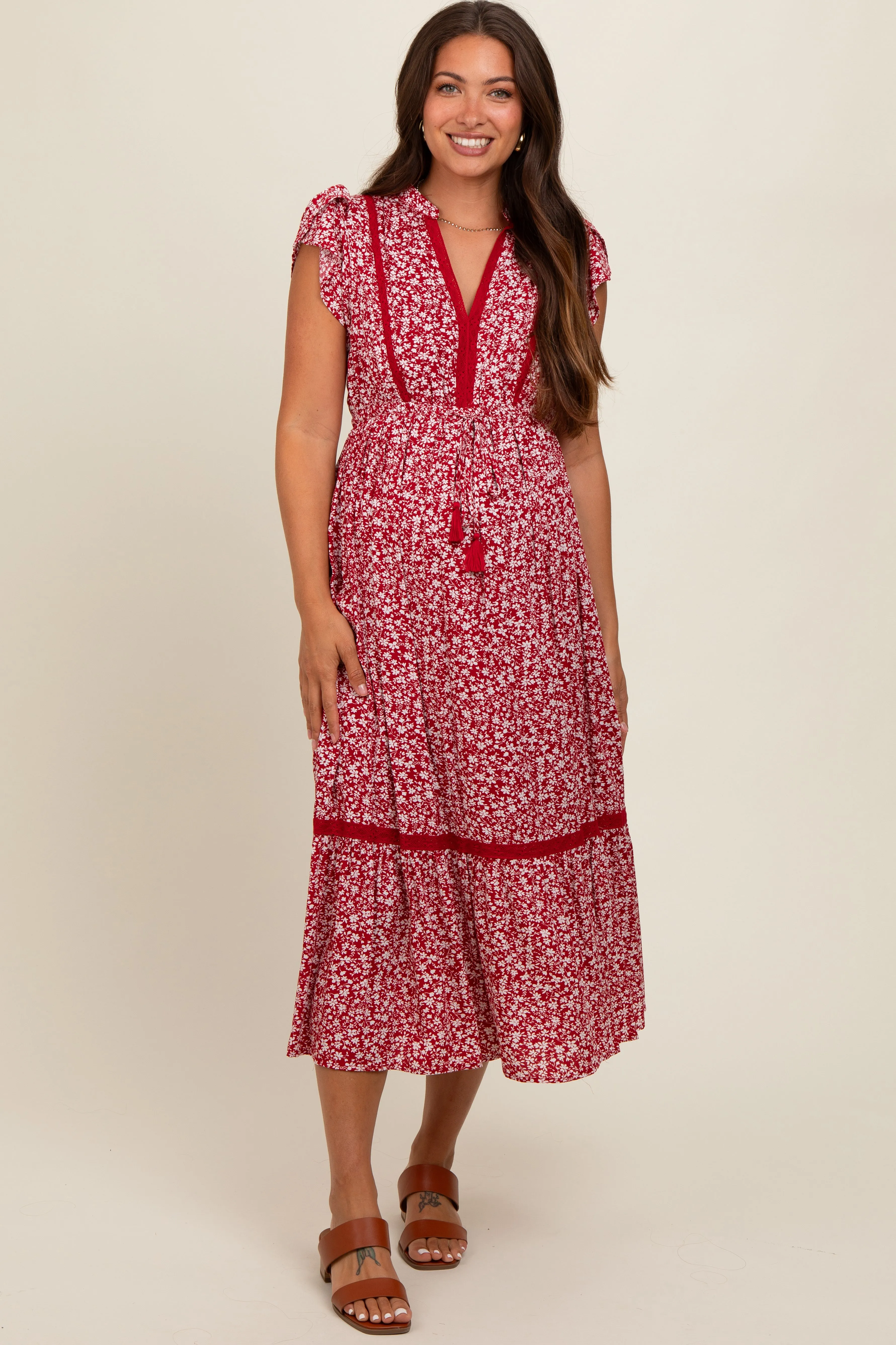 Red Floral Lace Trim Maternity Midi Dress sold by Pinkblush product image thumbnail 3