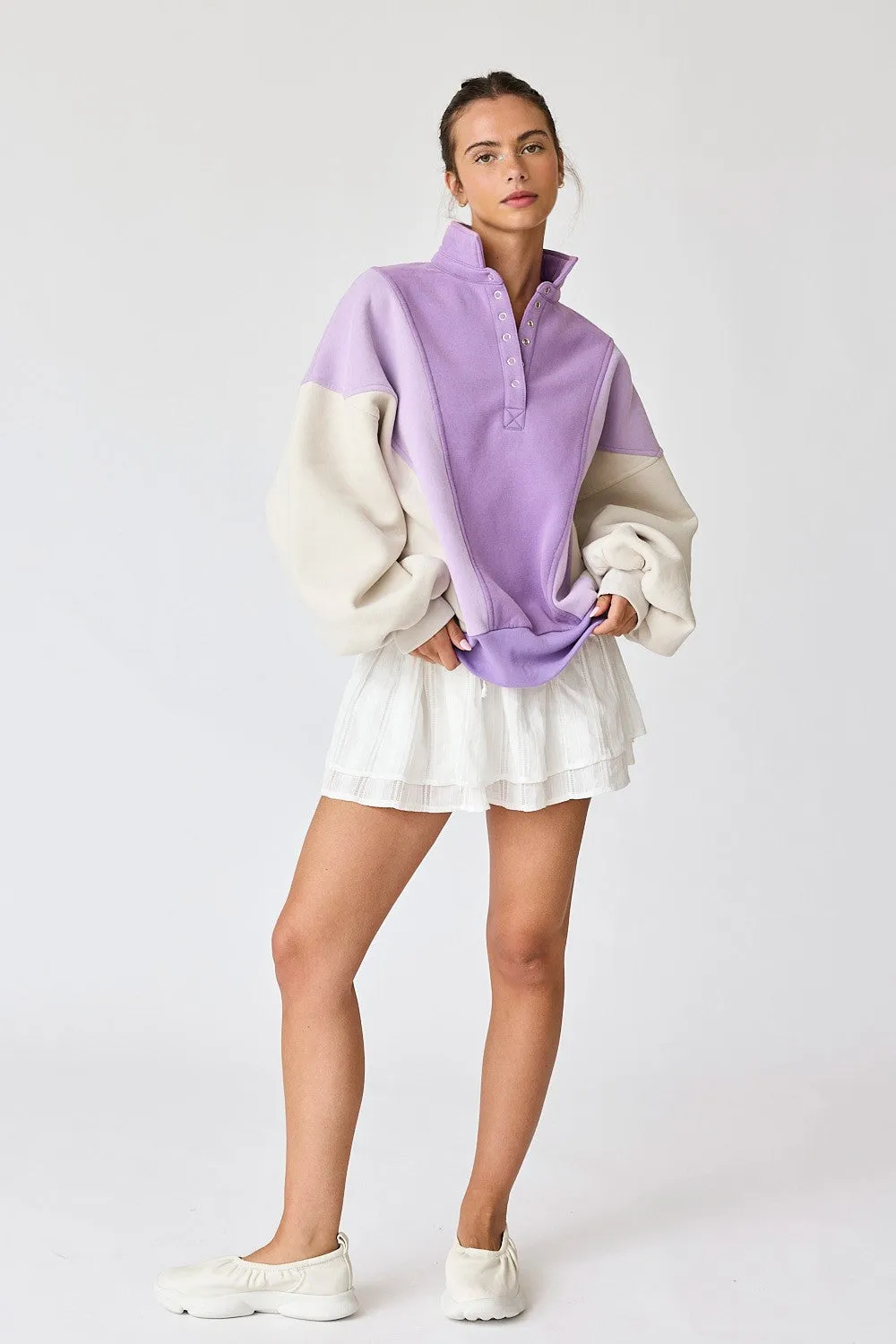 Lavender Colorblock Snap Button Polo Sweatshirt sold by Pinkblush product image thumbnail 2