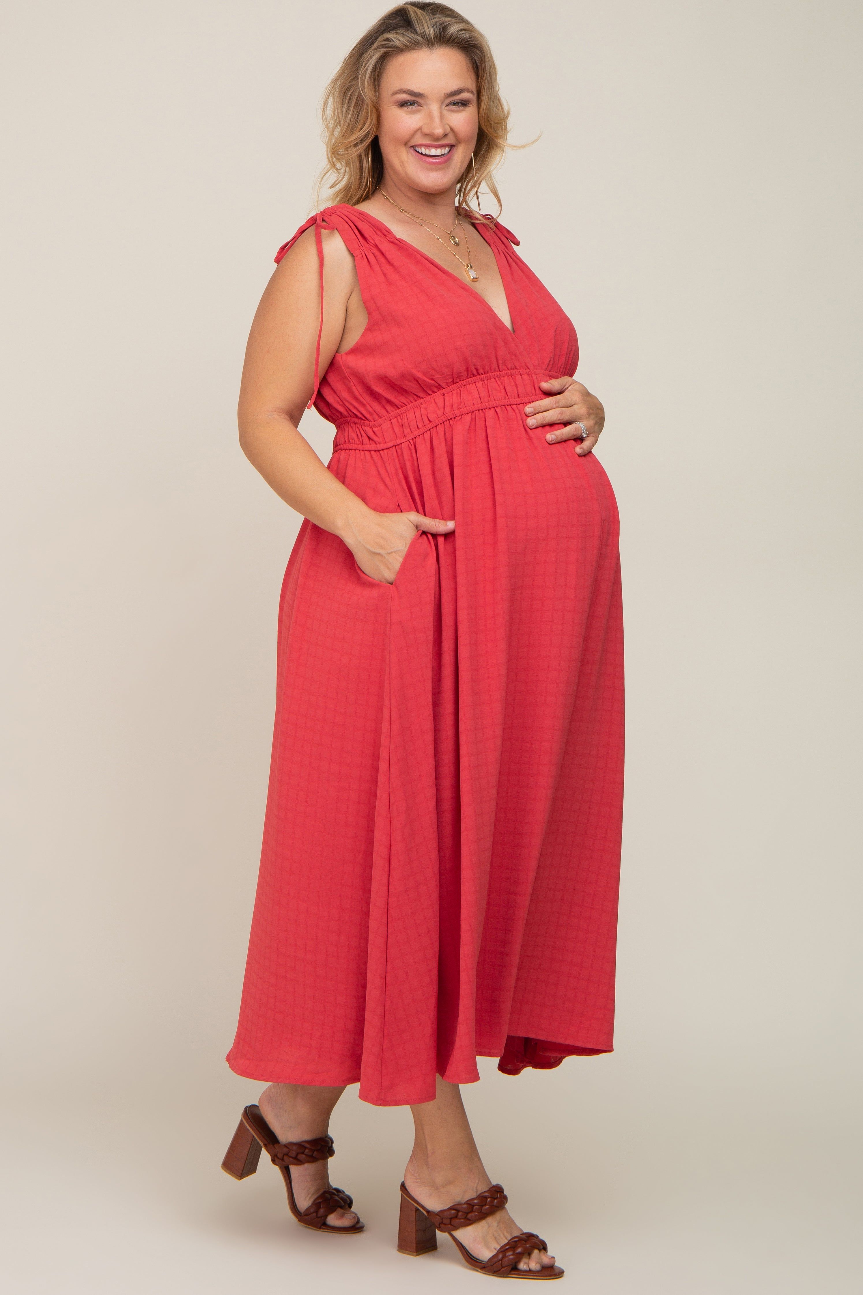 Magenta V-Neck Drawstring Shoulder Maternity Plus Midi Dress sold by Pinkblush product image thumbnail 3