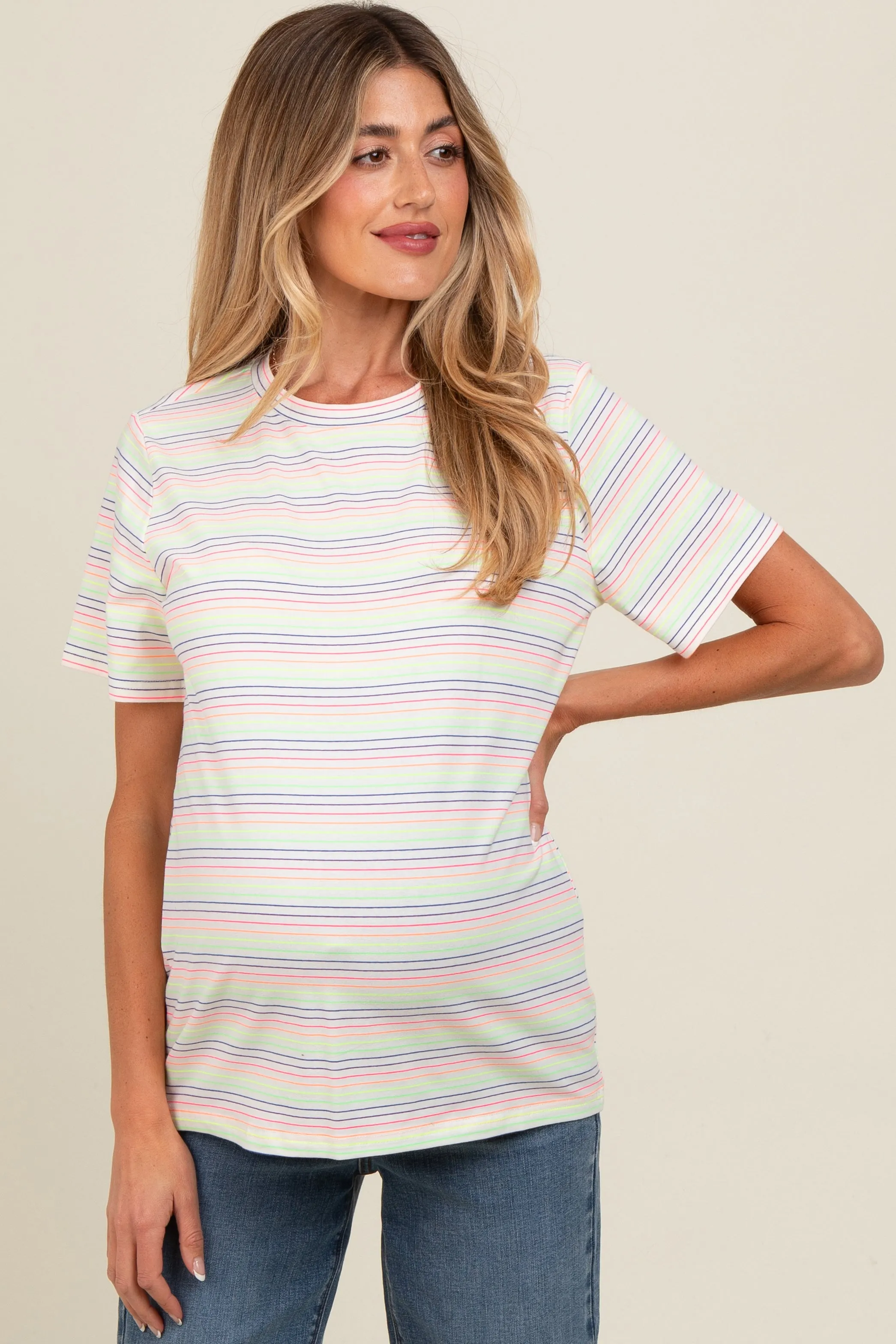 Ivory Short Sleeve Multi Striped Maternity Top sold by Pinkblush product image thumbnail 2
