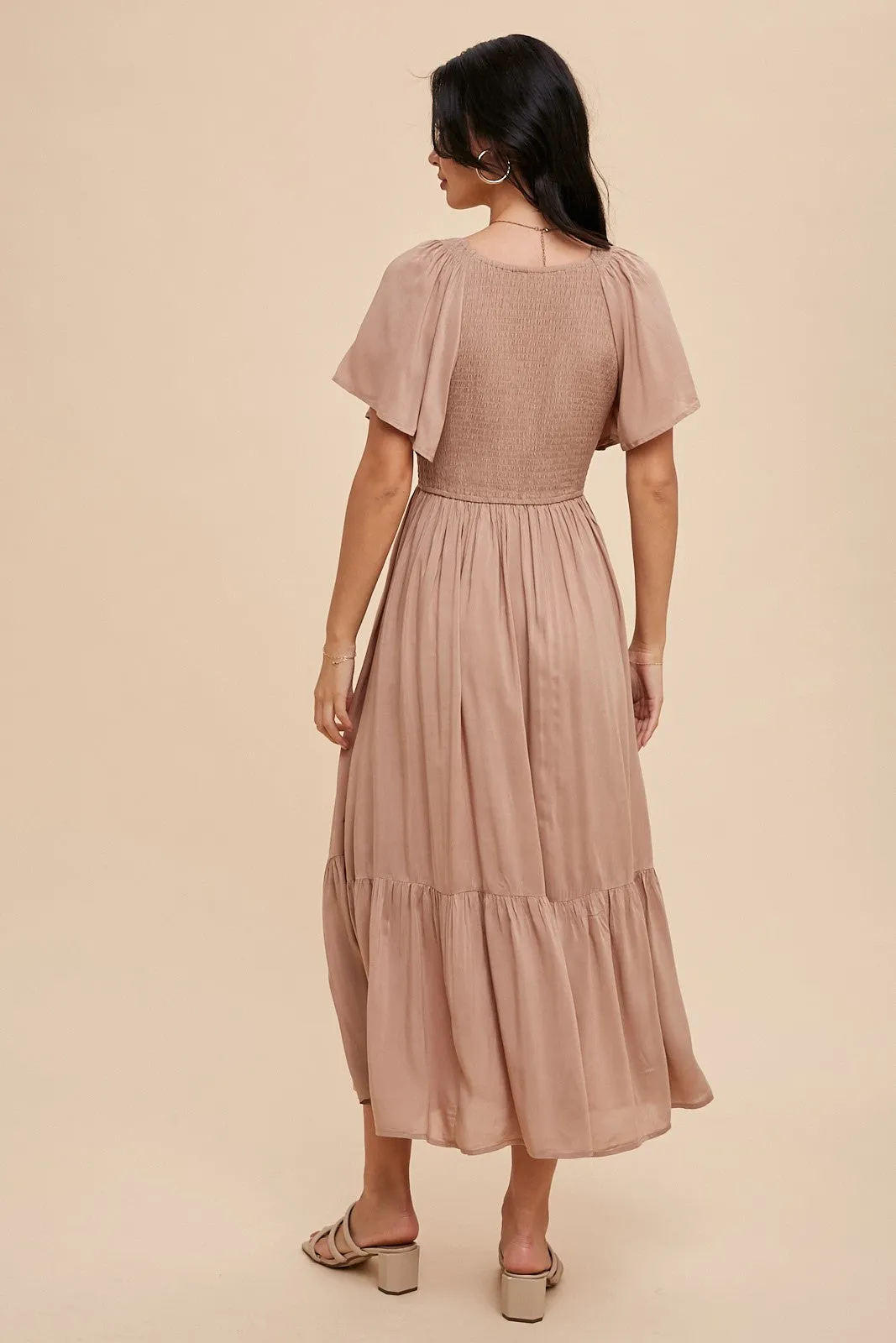 Taupe Smocked Flutter Sleeve Midi Dress sold by Pinkblush product image thumbnail 3