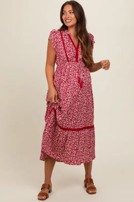Red Floral Lace Trim Maternity Midi Dress sold by Pinkblush
