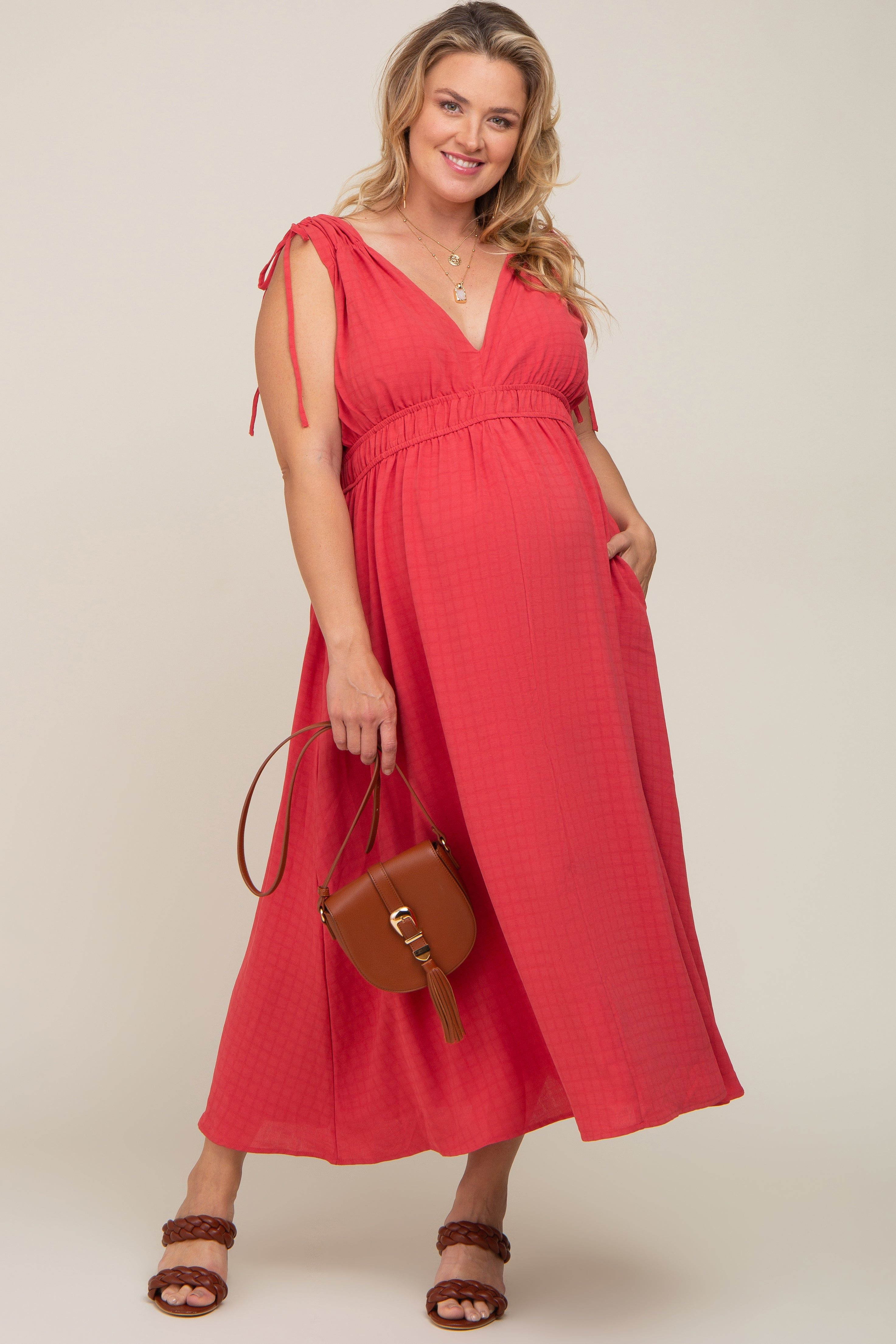 Magenta V-Neck Drawstring Shoulder Maternity Plus Midi Dress sold by Pinkblush