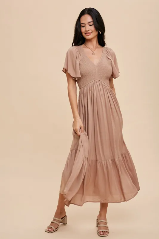 Taupe Smocked Flutter Sleeve Midi Dress sold by Pinkblush