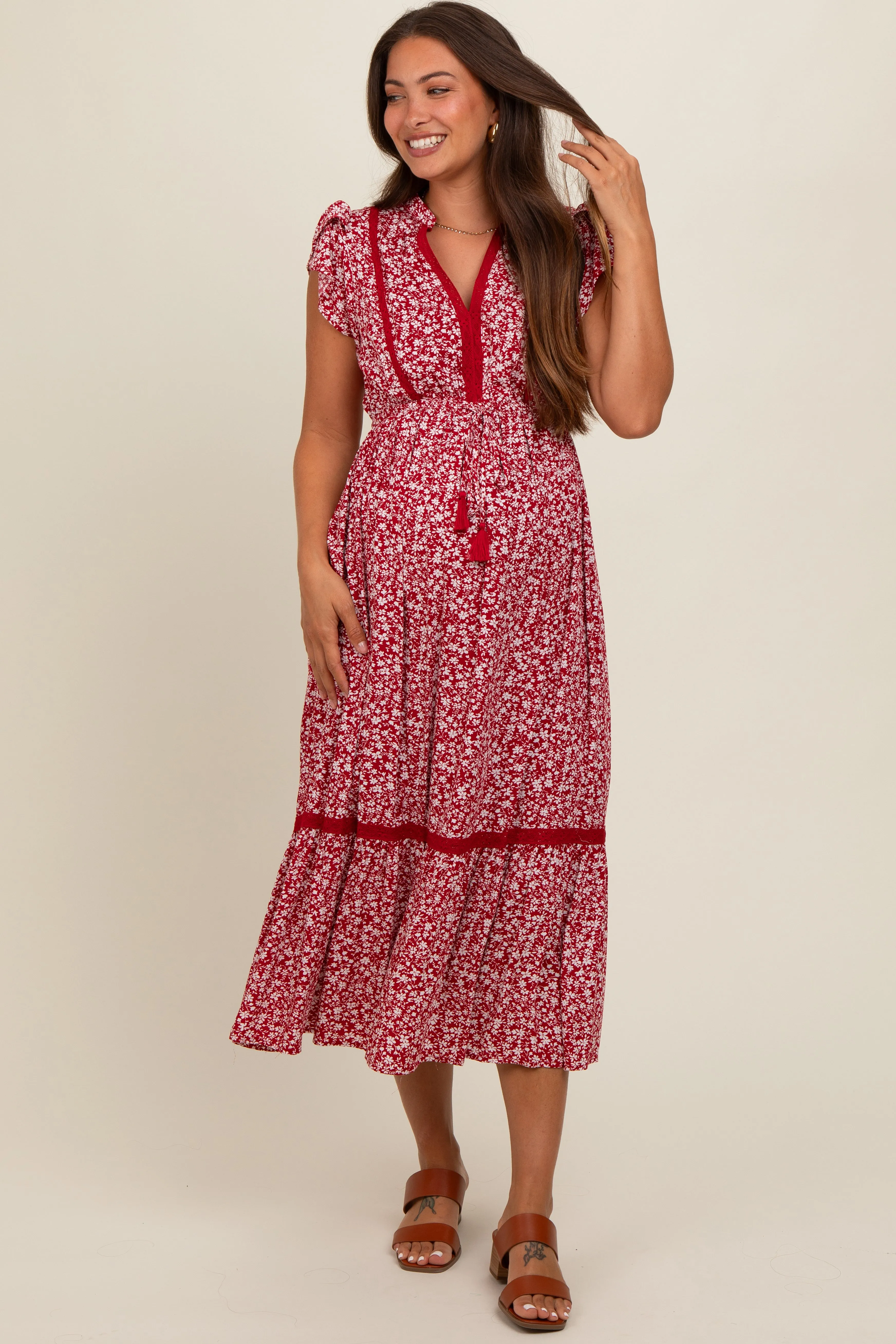 Red Floral Lace Trim Maternity Midi Dress sold by Pinkblush product image thumbnail 2