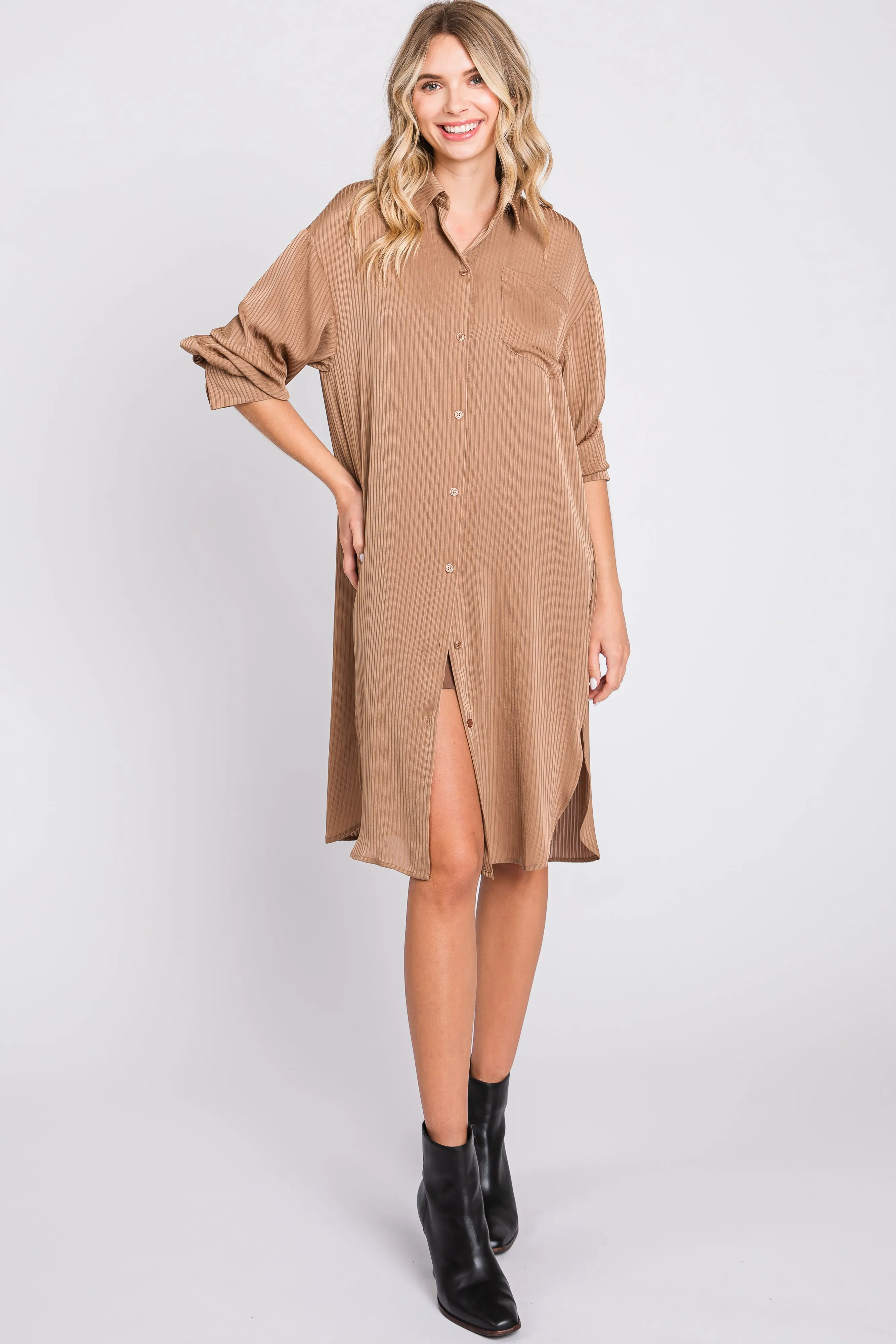 Mocha Striped Shirt Dress sold by Pinkblush product image thumbnail 4