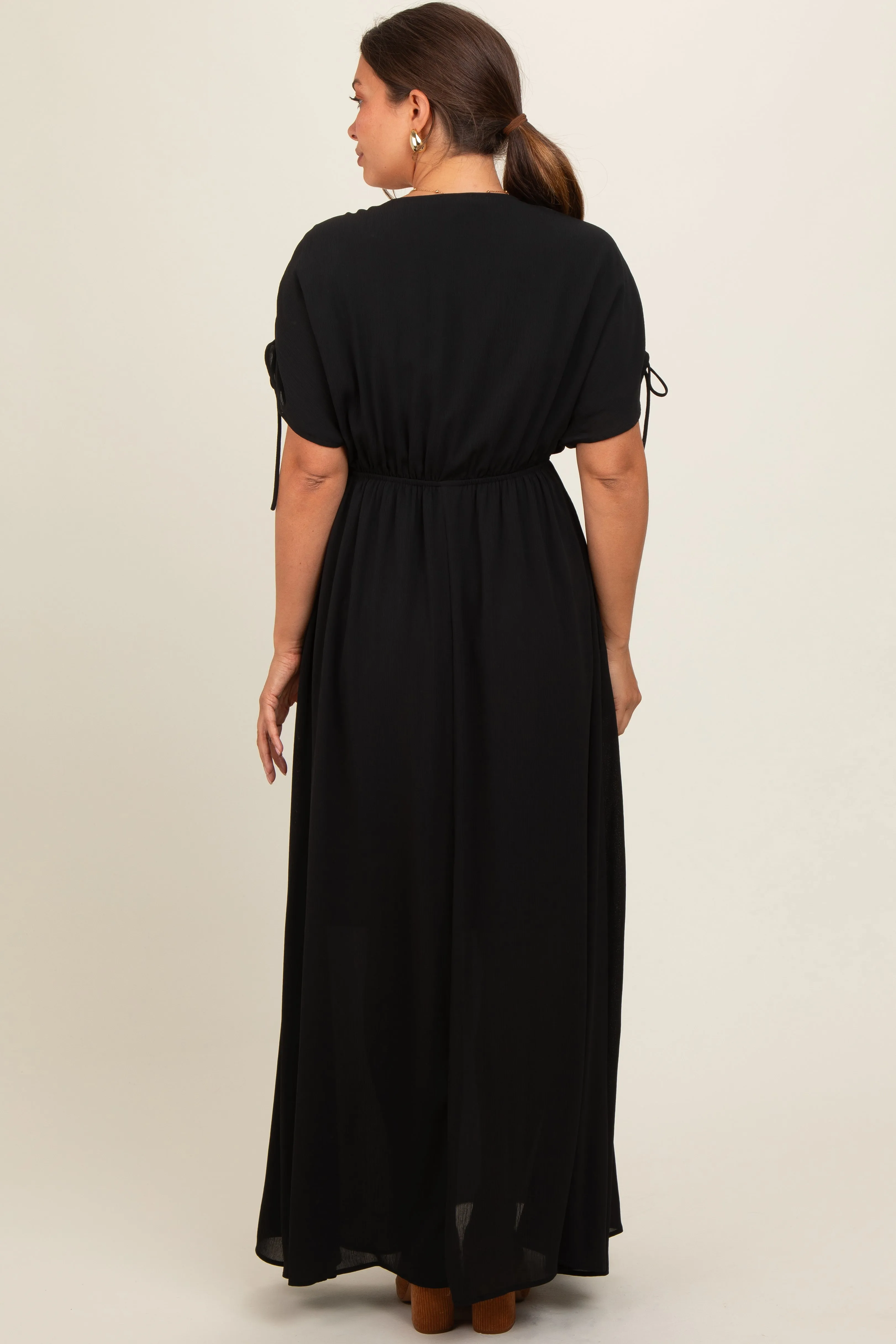 Black V-Neck Drawstring Short Sleeve Side Slit Maternity Maxi Dress sold by Pinkblush product image thumbnail 3