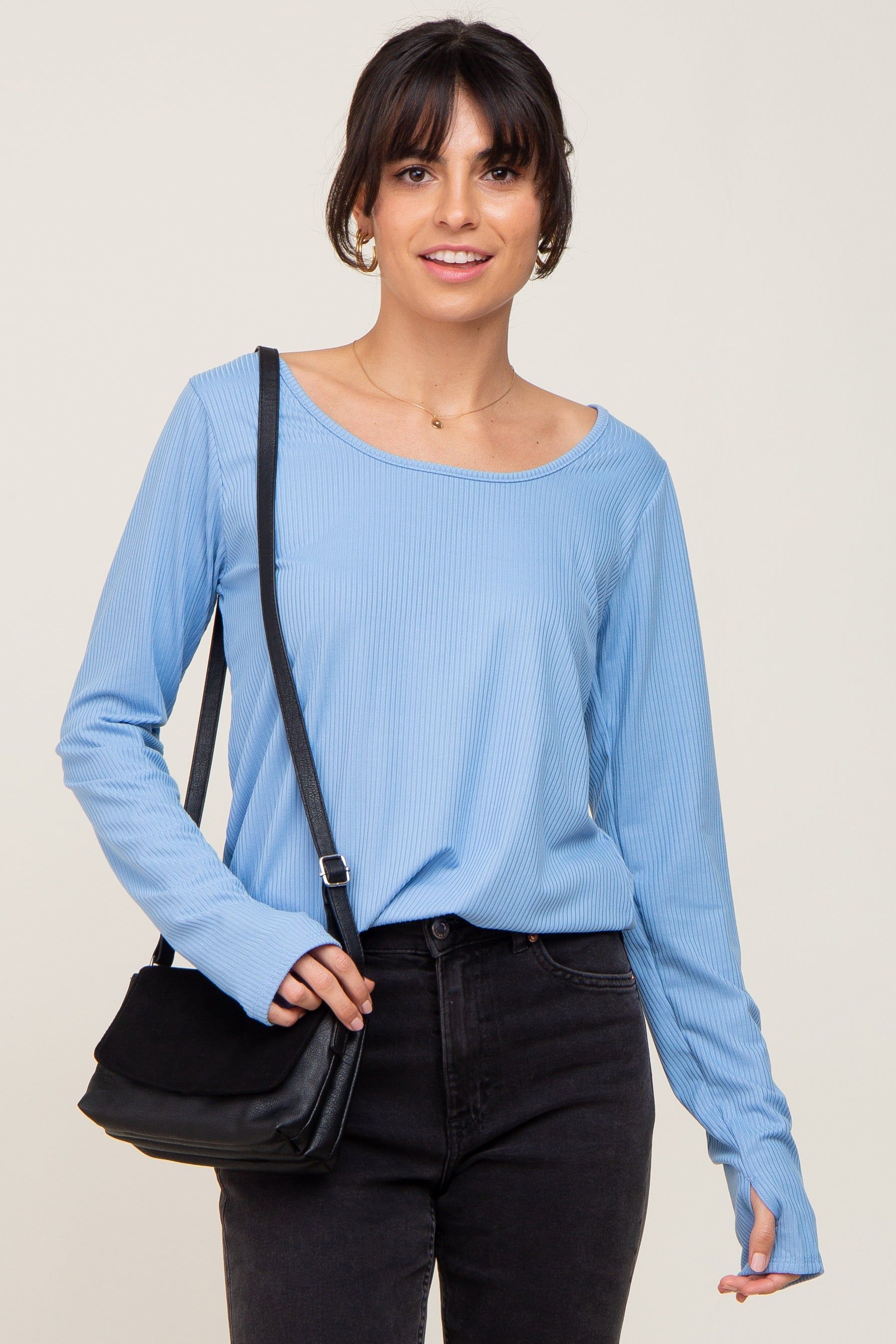Light Blue Ribbed Round Hem Top sold by Pinkblush