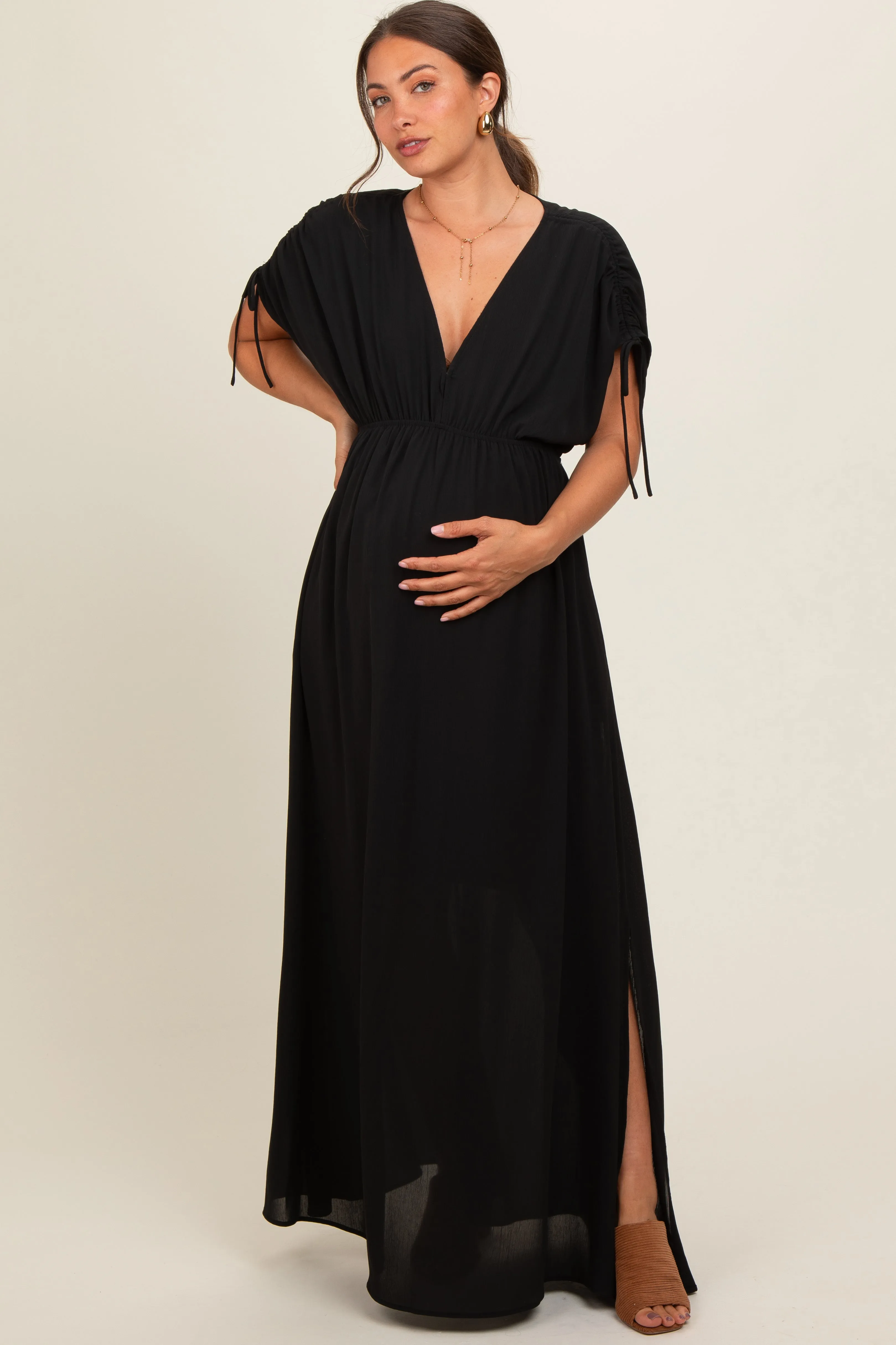 Black V-Neck Drawstring Short Sleeve Side Slit Maternity Maxi Dress sold by Pinkblush