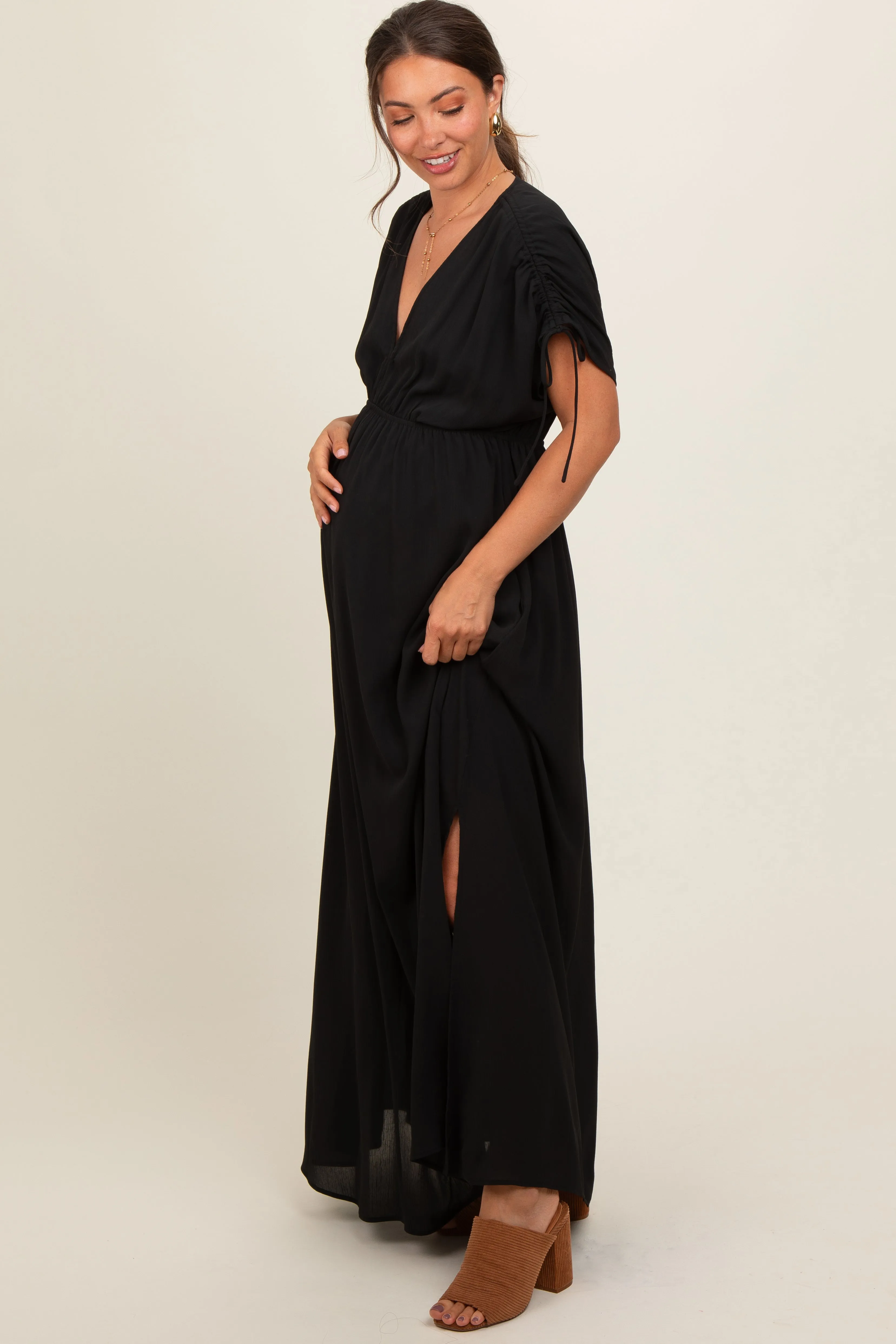 Black V-Neck Drawstring Short Sleeve Side Slit Maternity Maxi Dress sold by Pinkblush product image thumbnail 2