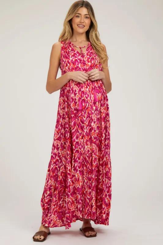 Magenta Sleeveless V-Neck Ruffle Neck Tiered Maternity Maxi Dress sold by Pinkblush