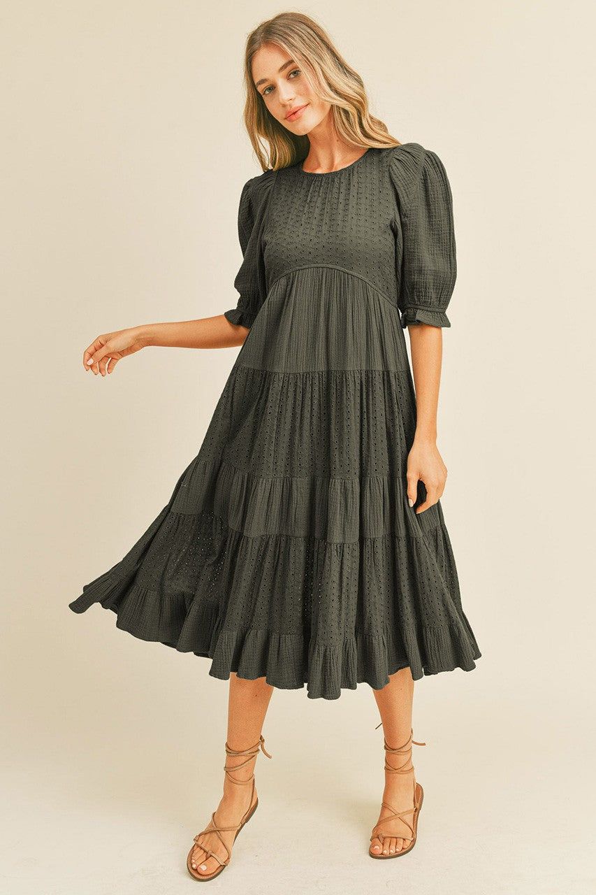 Black Eyelet Puff Sleeve Tiered Maternity Midi Dress sold by Pinkblush product image thumbnail 5