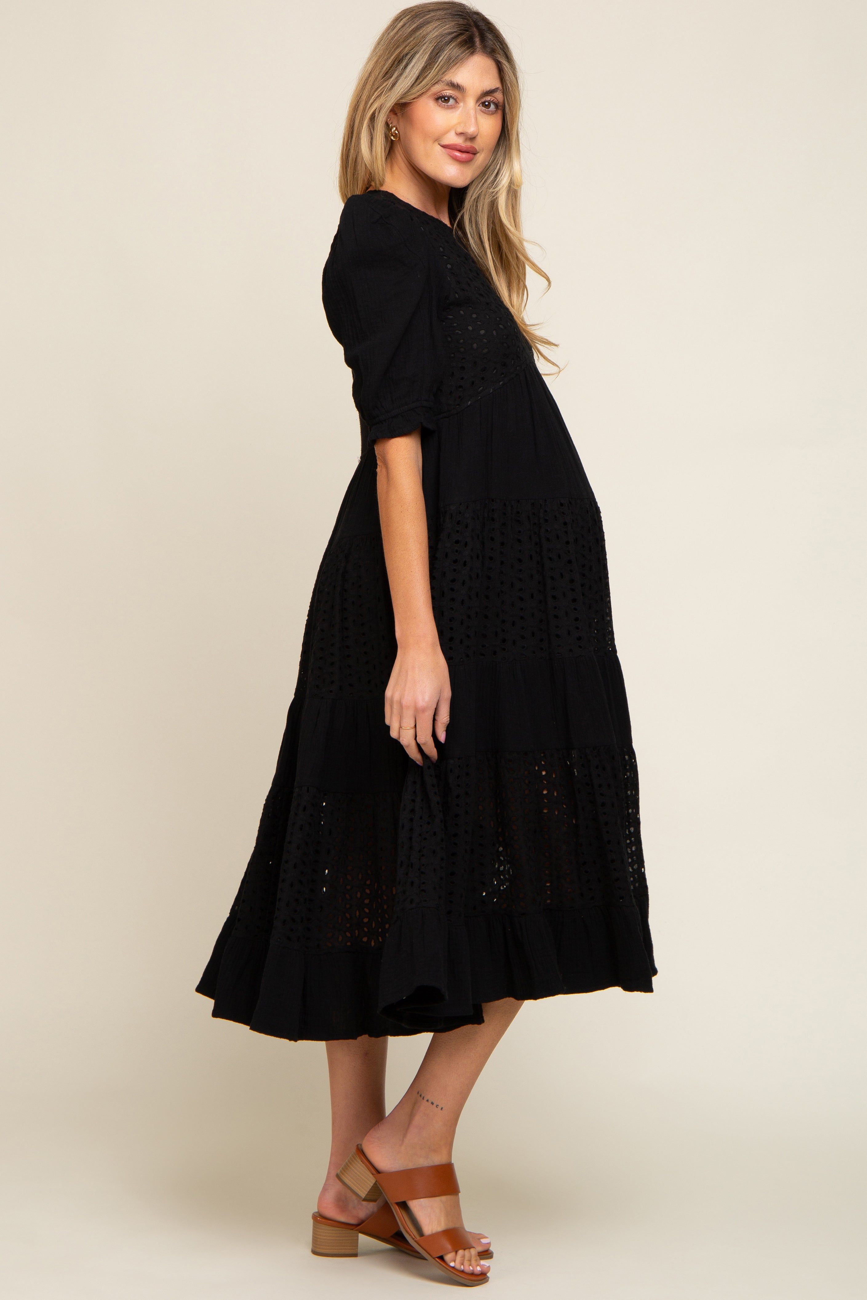 Black Eyelet Puff Sleeve Tiered Maternity Midi Dress sold by Pinkblush product image thumbnail 2
