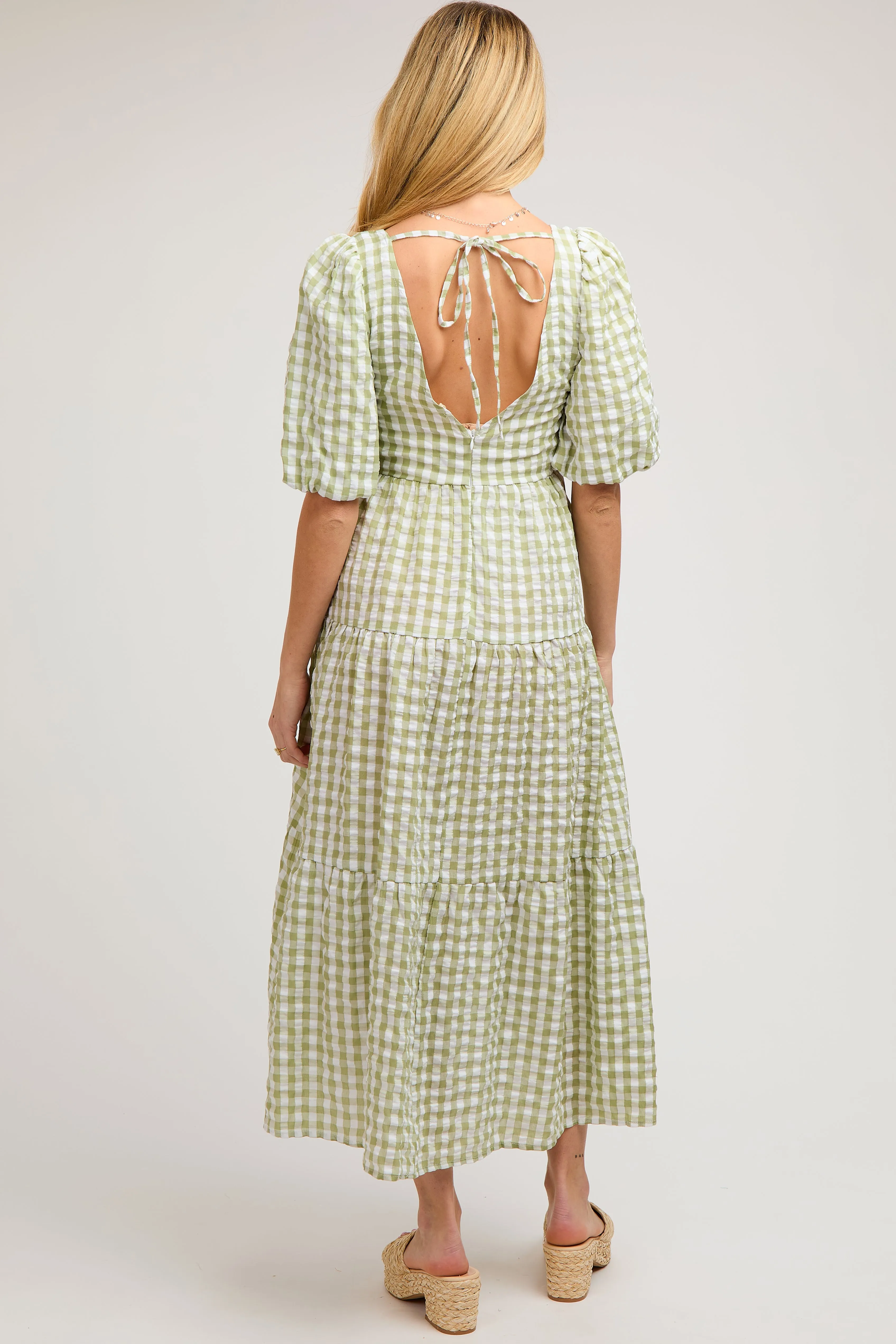 Light Olive Gingham Puff Sleeve Maternity Tiered Midi Dress sold by Pinkblush product image thumbnail 3