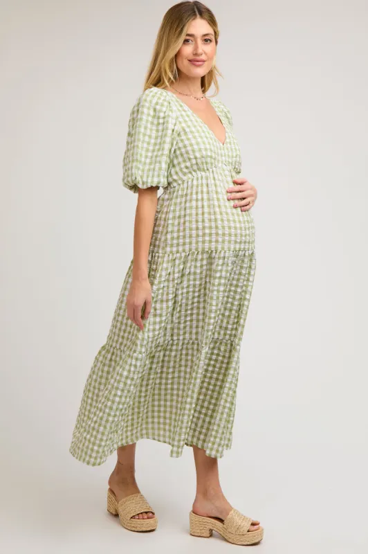 Light Olive Gingham Puff Sleeve Maternity Tiered Midi Dress sold by Pinkblush
