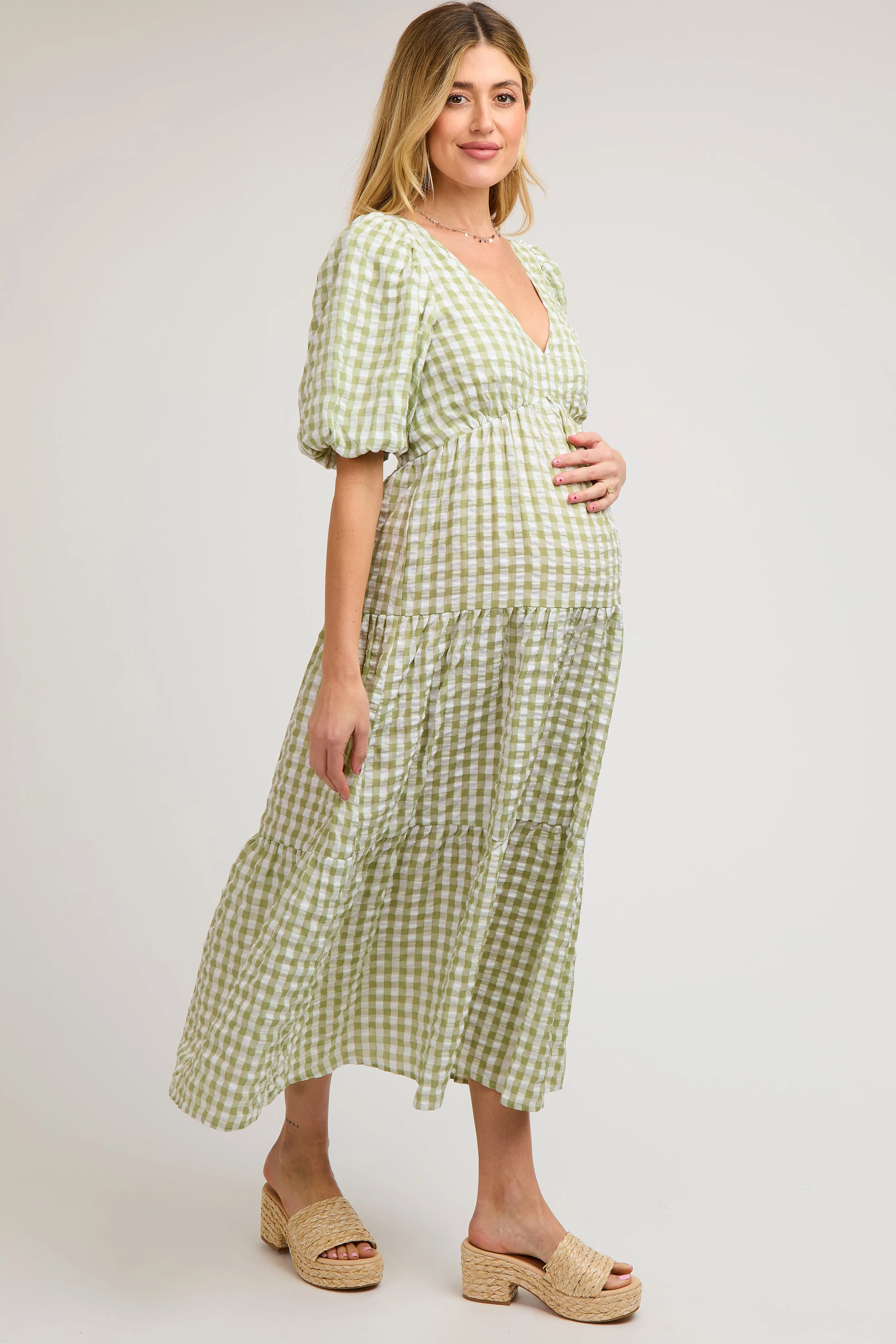 Light Olive Gingham Puff Sleeve Maternity Tiered Midi Dress sold by Pinkblush
