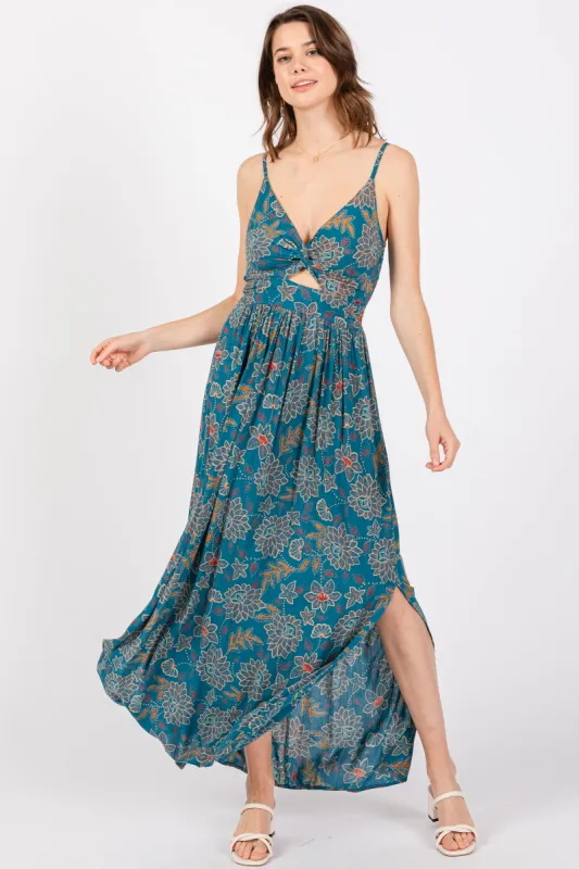 Teal Floral Sleeveless Front Knot Twist Dress sold by Pinkblush