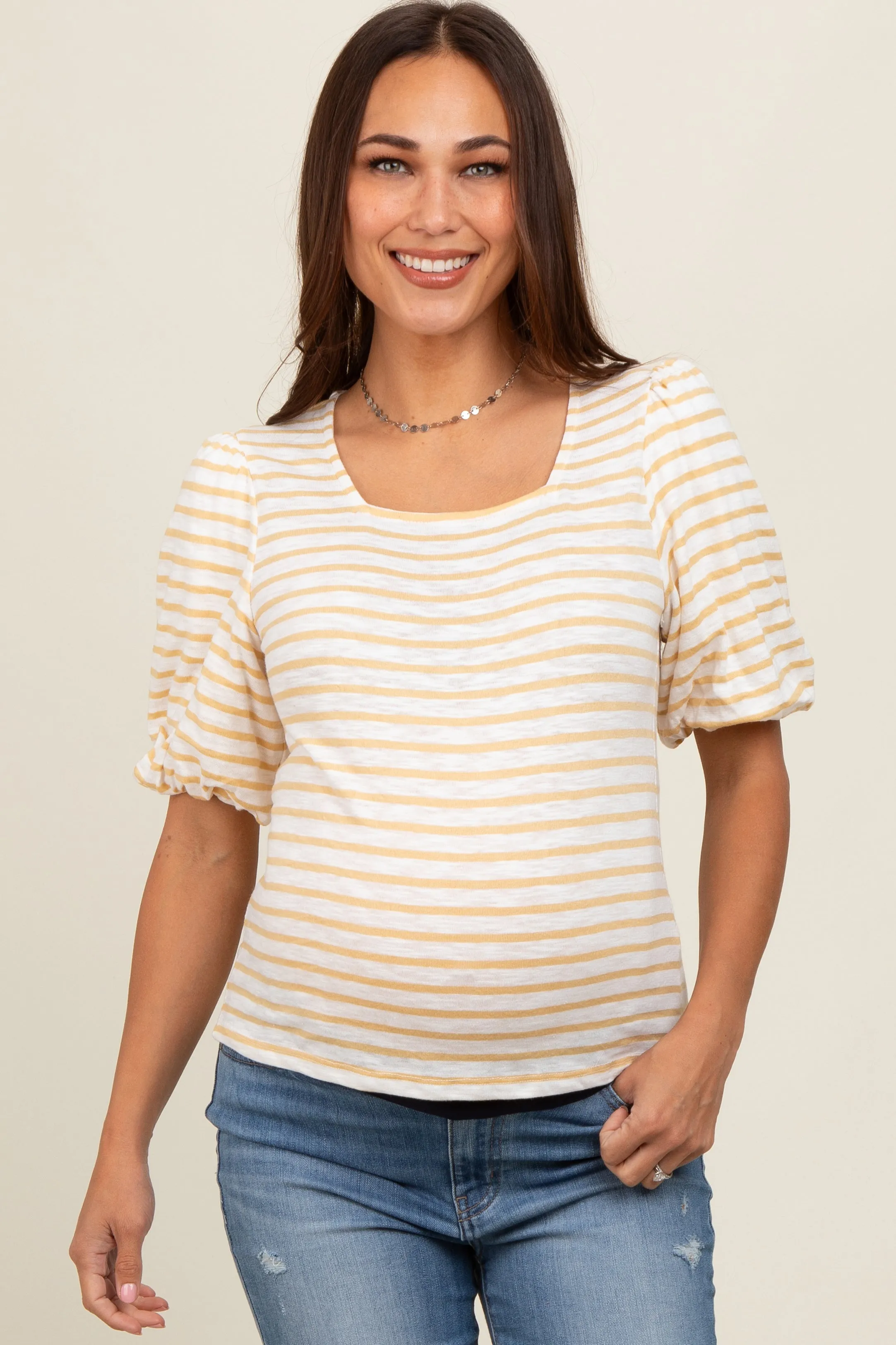 Yellow Striped Puff Sleeve Maternity Top sold by Pinkblush